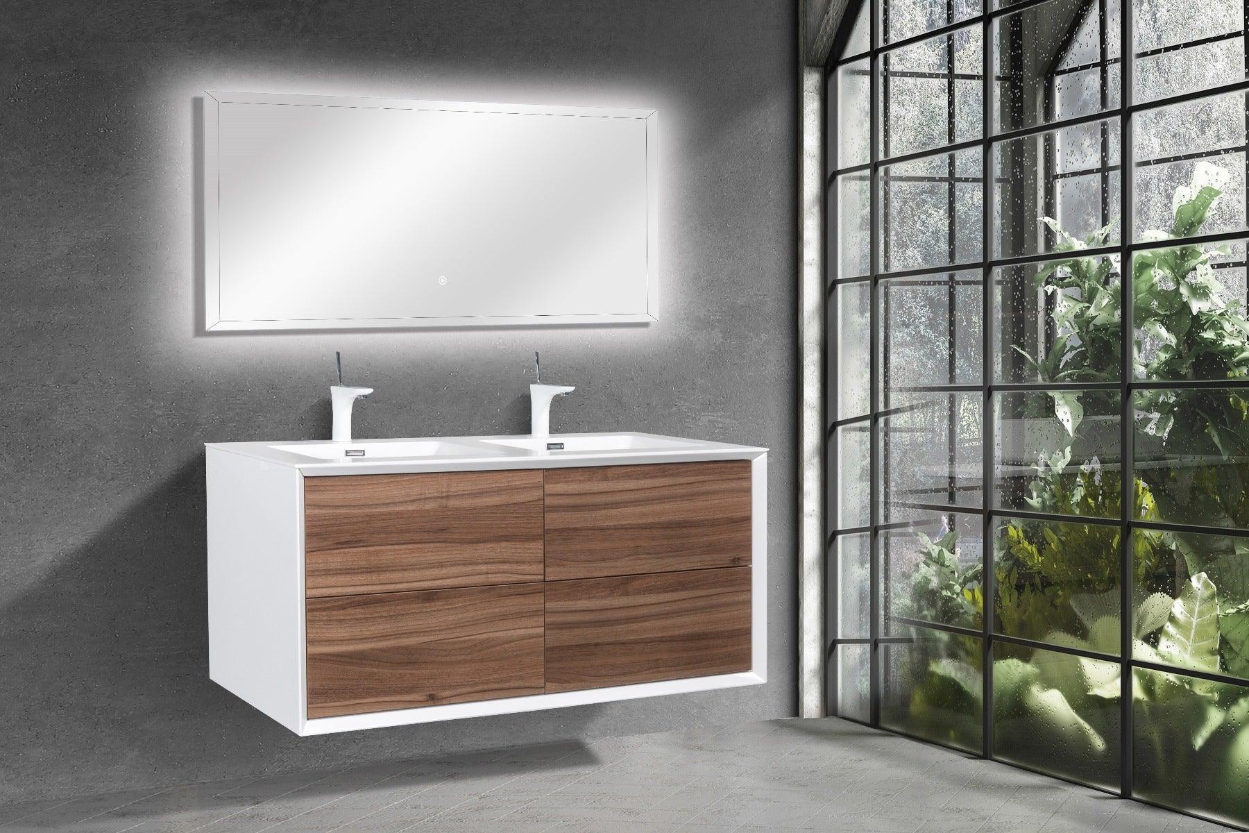 48" Walnut Wall Mount Double Sink Bathroom Vanity with White Polymarble Countertop-Migration_Bathroom Vanities-DECOROLALA