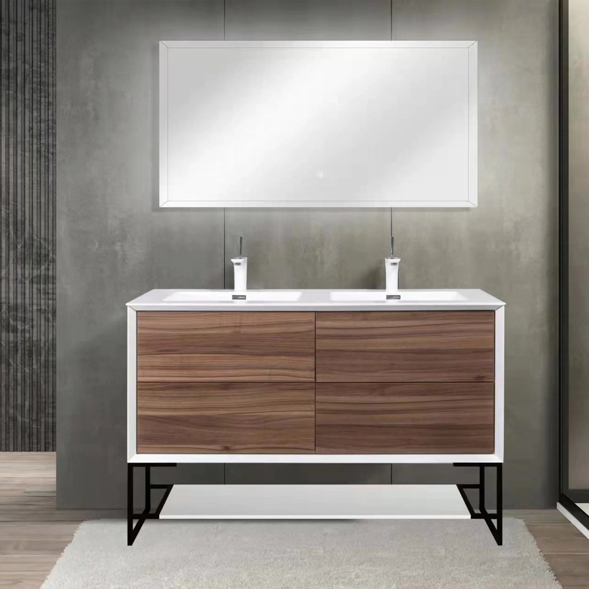 48" Walnut Wall Mount Double Sink Bathroom Vanity with White Polymarble Countertop-Migration_Bathroom Vanities-DECOROLALA