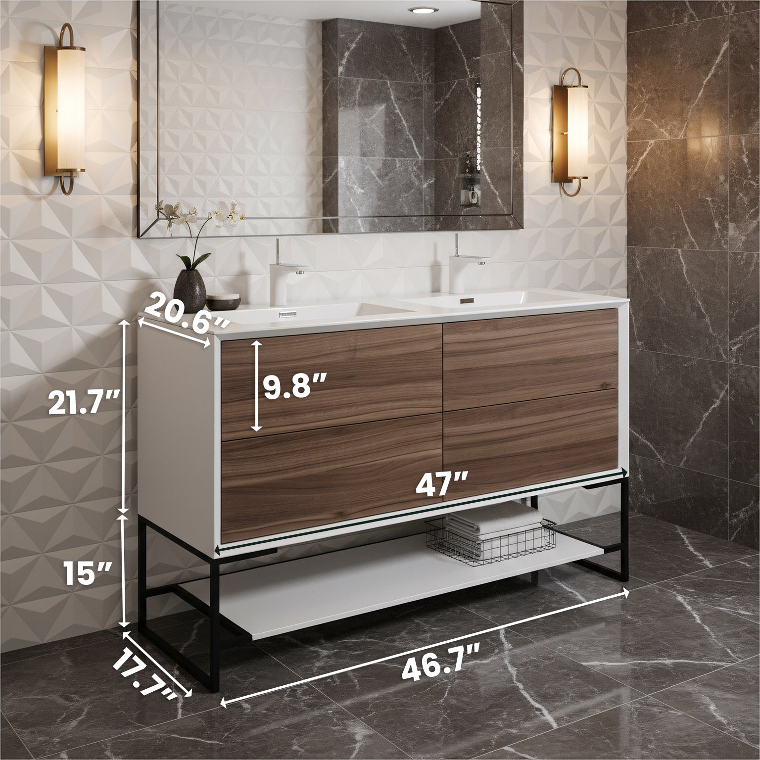 48" Walnut Wall Mount Double Sink Bathroom Vanity with White Polymarble Countertop-Migration_Bathroom Vanities-DECOROLALA