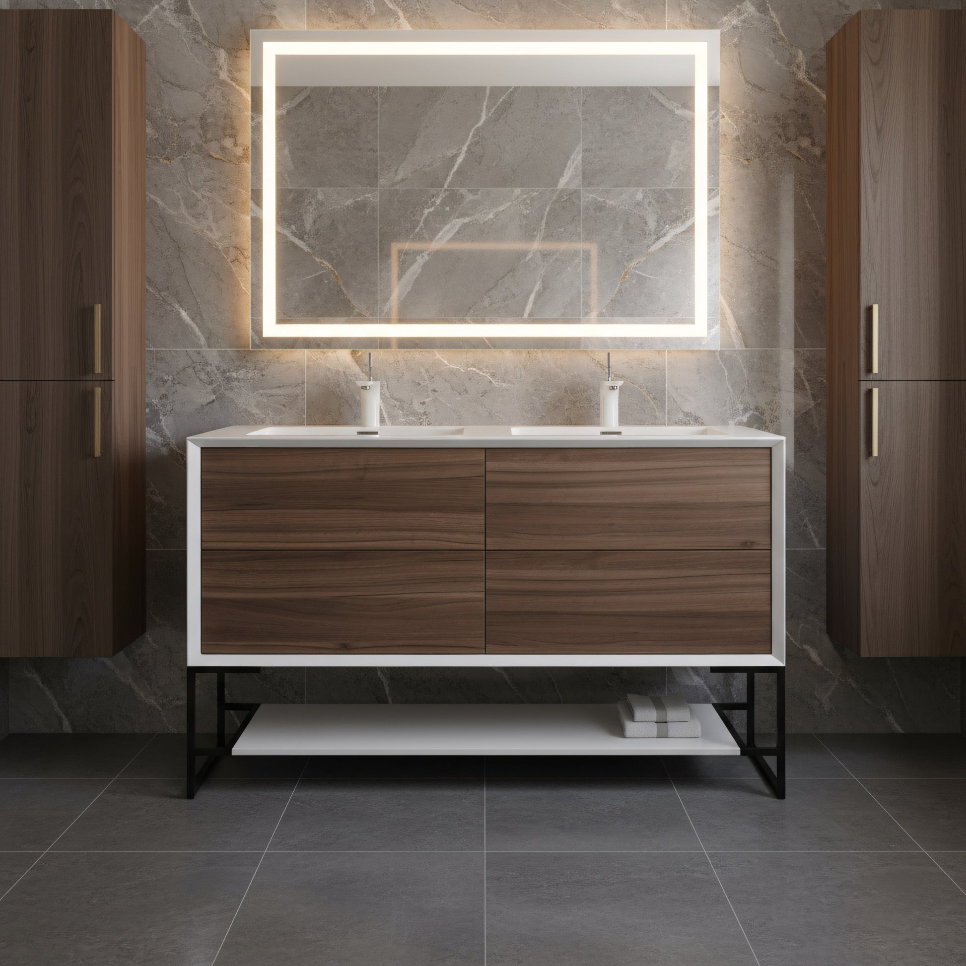 48" Walnut Wall Mount Double Sink Bathroom Vanity with White Polymarble Countertop-Migration_Bathroom Vanities-DECOROLALA