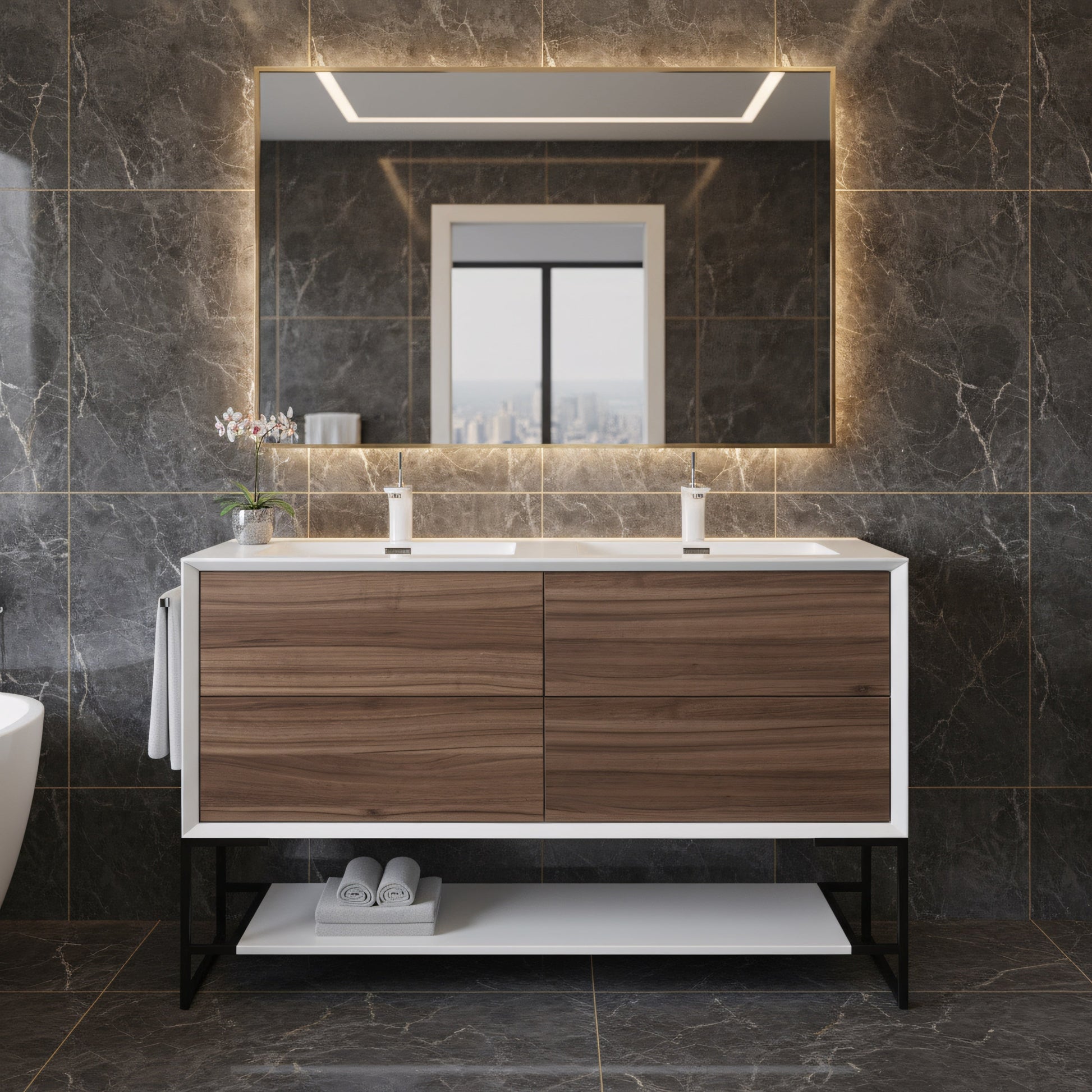 48" Walnut Wall Mount Double Sink Bathroom Vanity with White Polymarble Countertop-Migration_Bathroom Vanities-DECOROLALA
