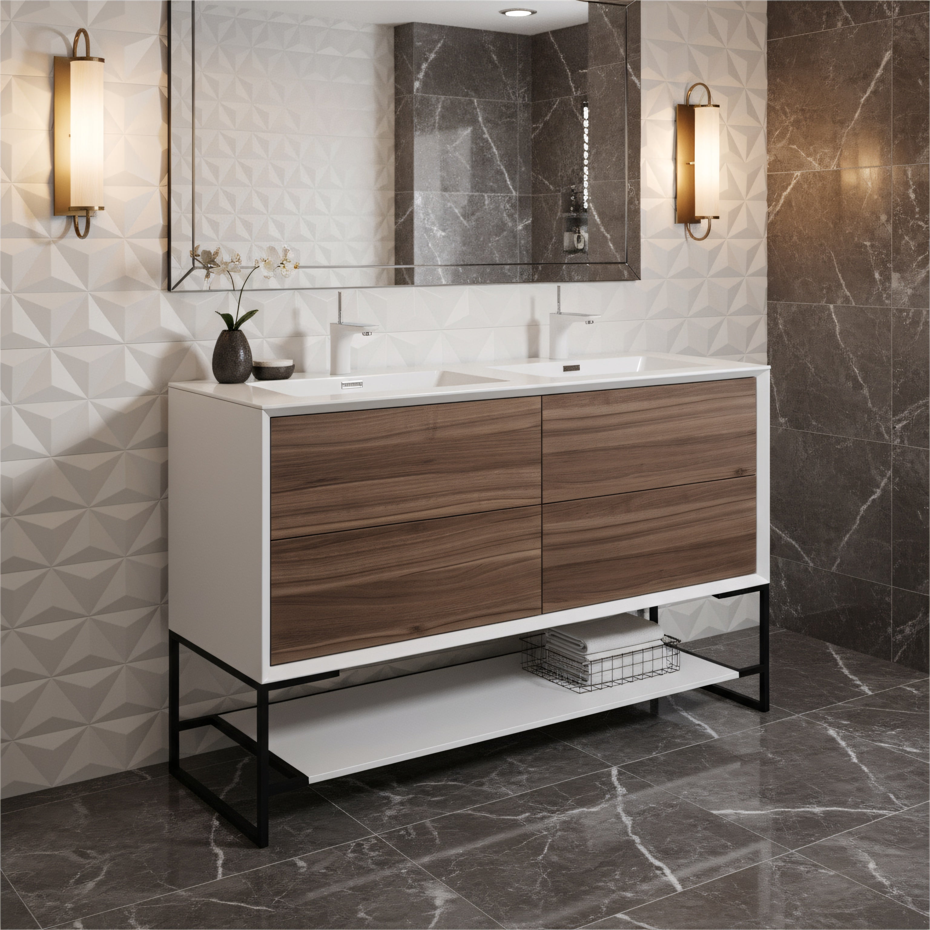 48" Walnut Wall Mount Double Sink Bathroom Vanity with White Polymarble Countertop-Migration_Bathroom Vanities-DECOROLALA