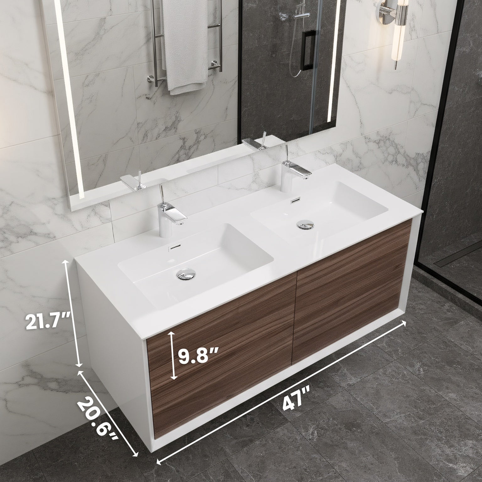 48" Walnut Wall Mount Double Sink Bathroom Vanity with White Polymarble Countertop-Migration_Bathroom Vanities-DECOROLALA