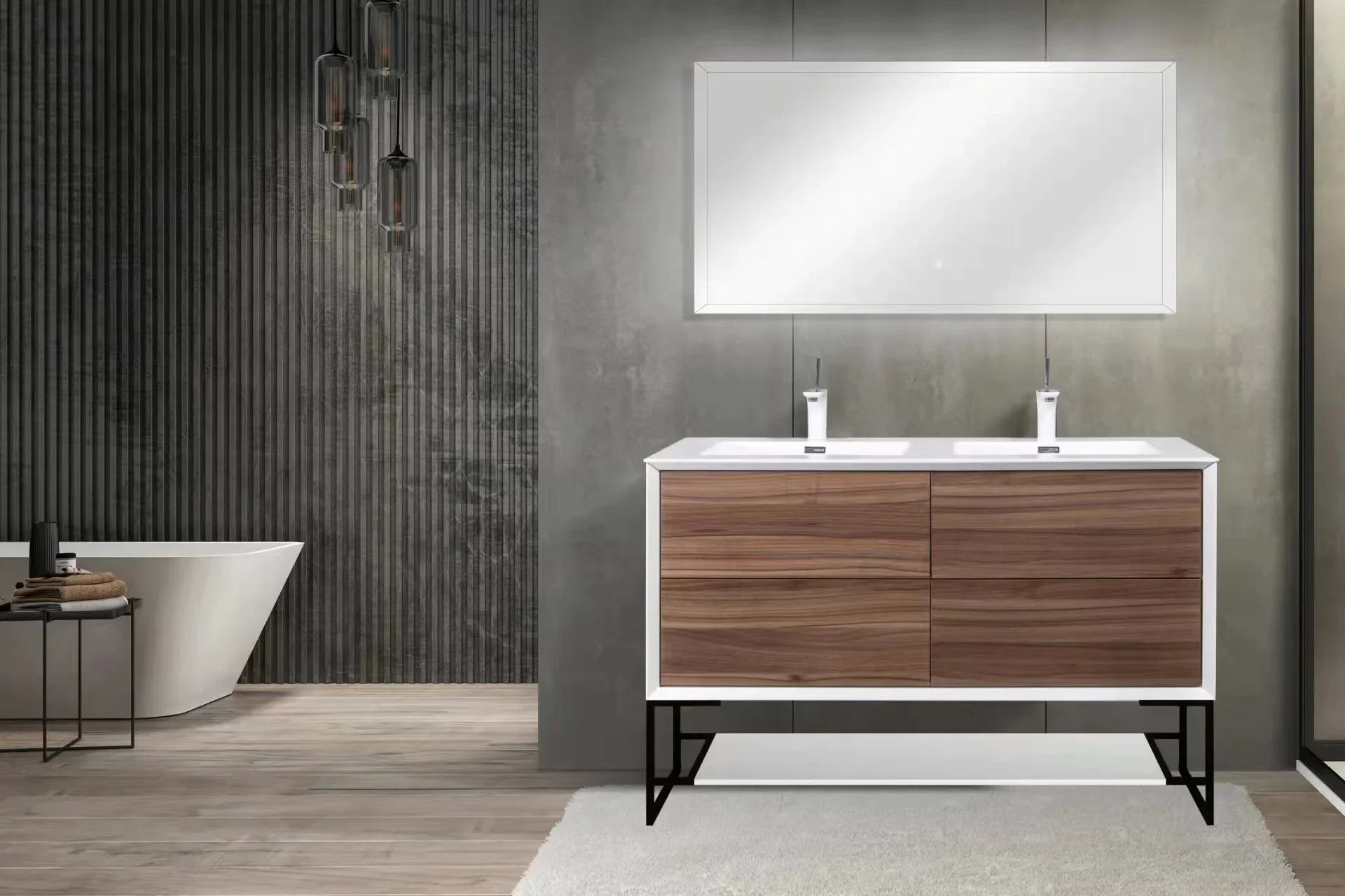 48" Walnut Wall Mount Double Sink Bathroom Vanity with White Polymarble Countertop-Migration_Bathroom Vanities-DECOROLALA