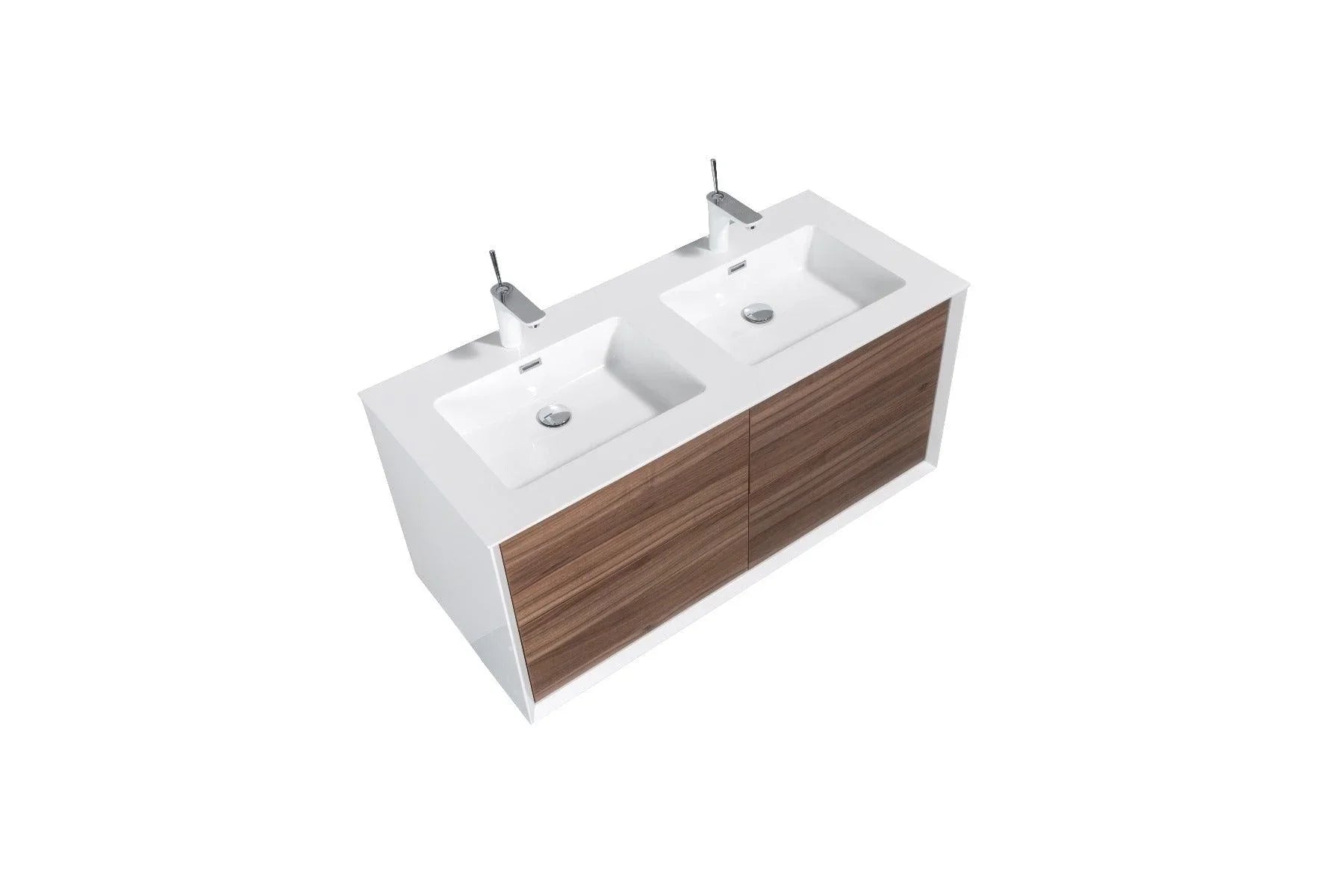 48" Walnut Wall Mount Double Sink Bathroom Vanity with White Polymarble Countertop-Migration_Bathroom Vanities-DECOROLALA
