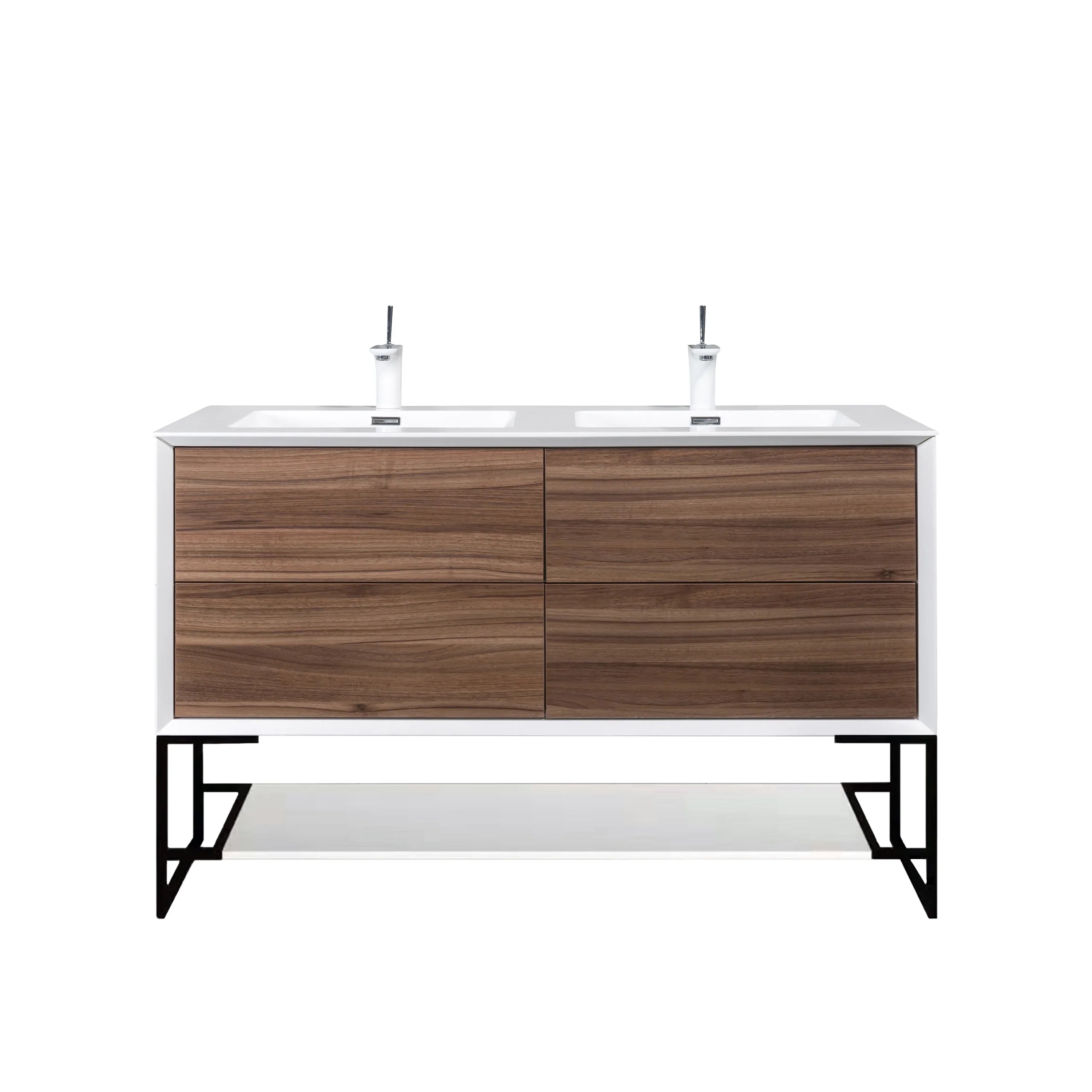 48" Walnut Wall Mount Double Sink Bathroom Vanity with White Polymarble Countertop-Migration_Bathroom Vanities-DECOROLALA