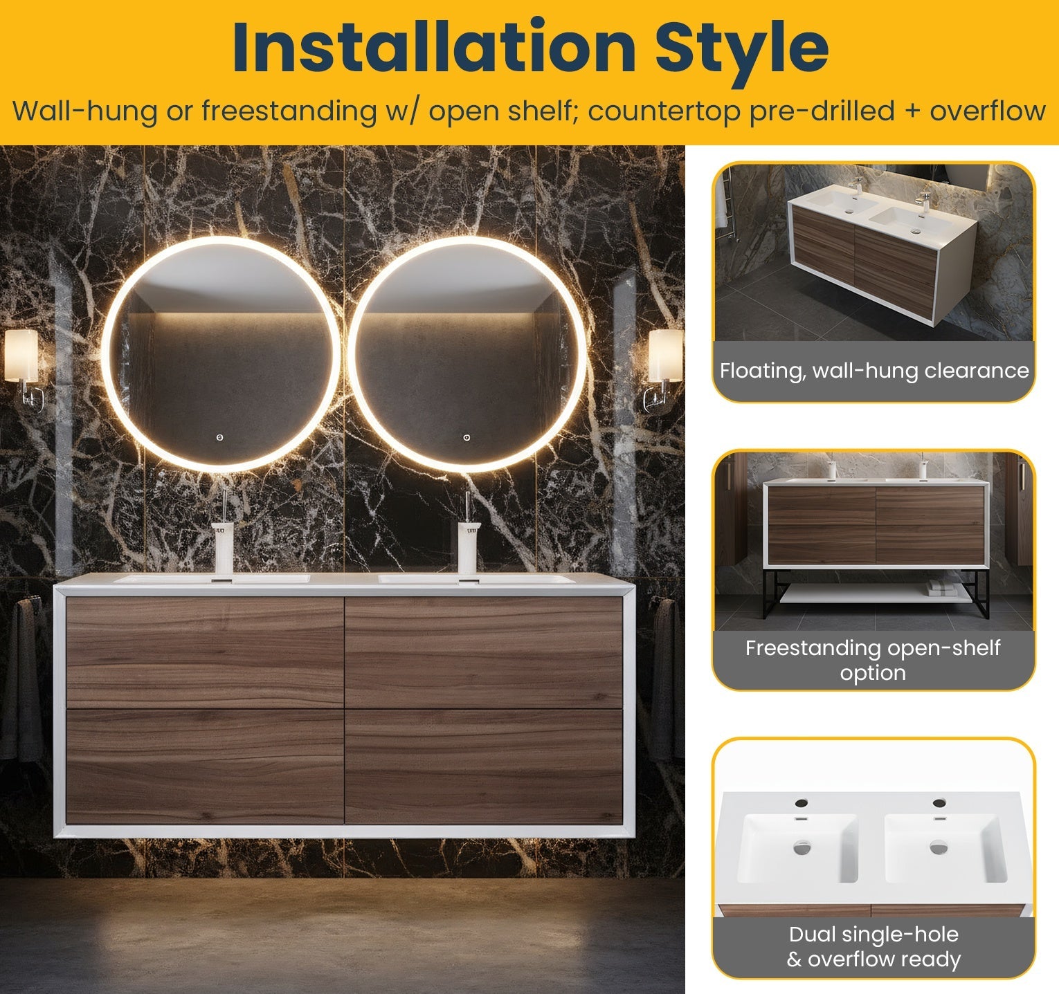 48" Walnut Wall Mount Double Sink Bathroom Vanity with White Polymarble Countertop-Migration_Bathroom Vanities-DECOROLALA