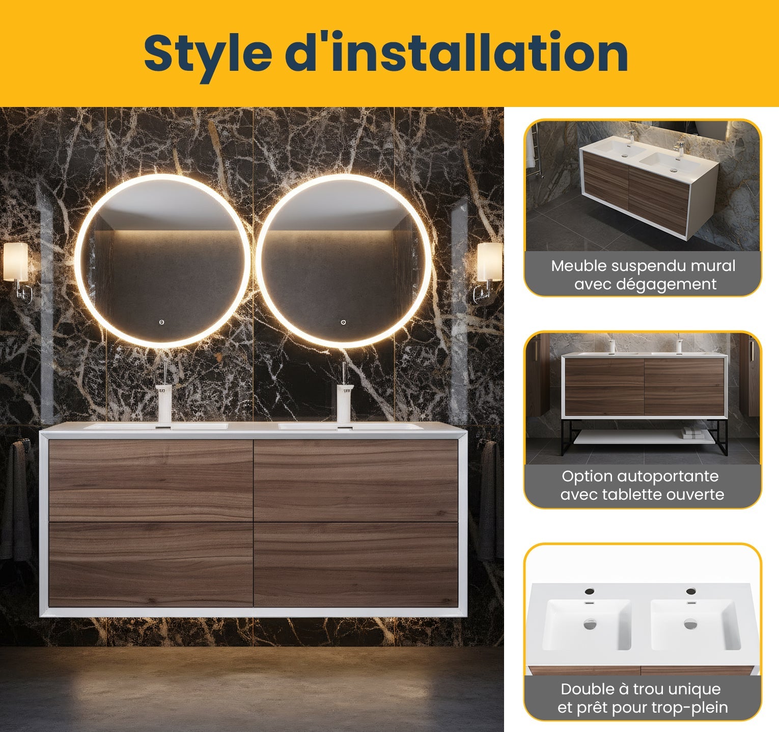 48" Walnut Wall Mount Double Sink Bathroom Vanity with White Polymarble Countertop-Migration_Bathroom Vanities-DECOROLALA