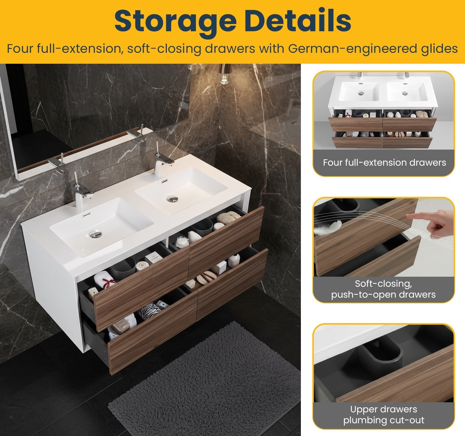 48" Walnut Wall Mount Double Sink Bathroom Vanity with White Polymarble Countertop-Migration_Bathroom Vanities-DECOROLALA