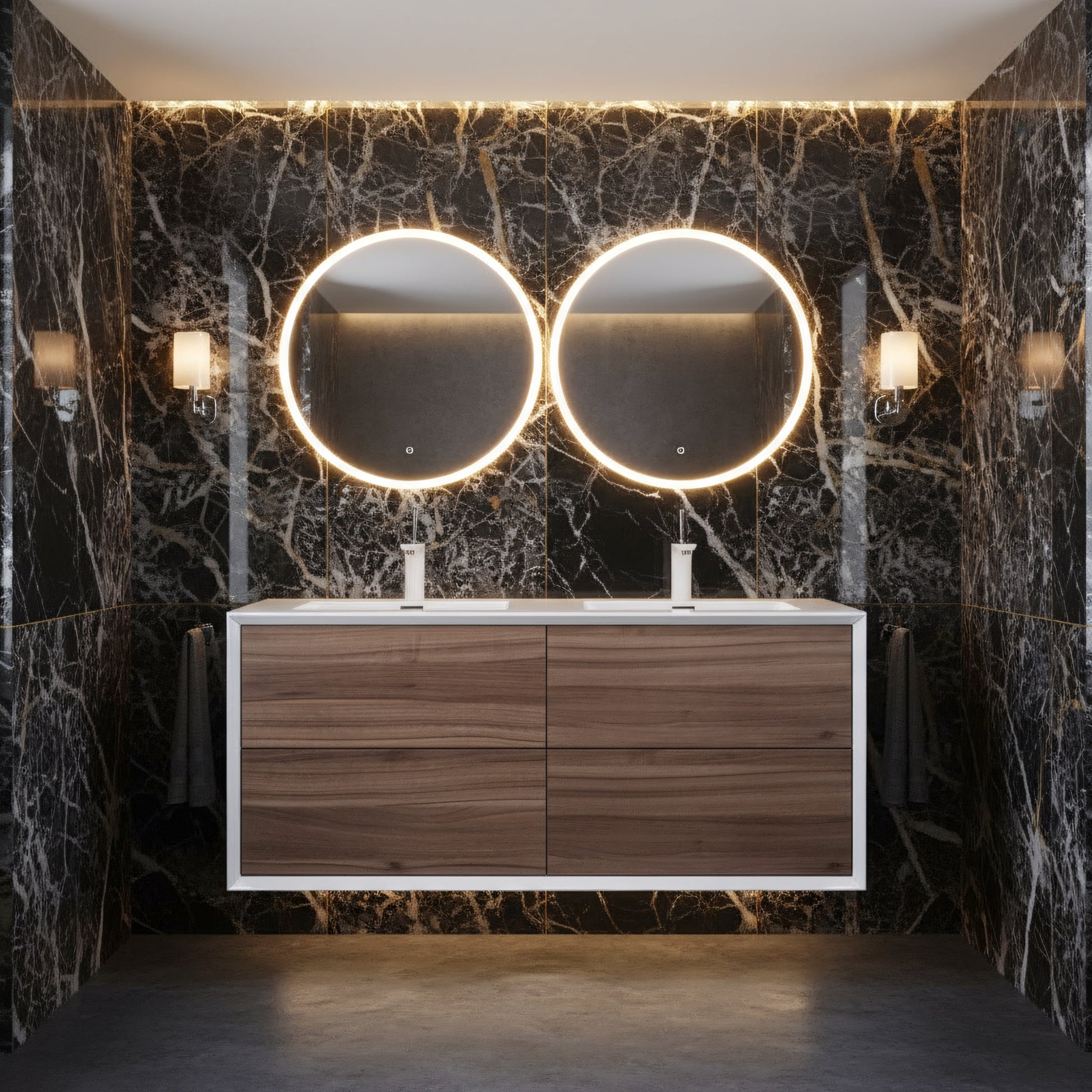 48" Walnut Wall Mount Double Sink Bathroom Vanity with White Polymarble Countertop-Migration_Bathroom Vanities-DECOROLALA
