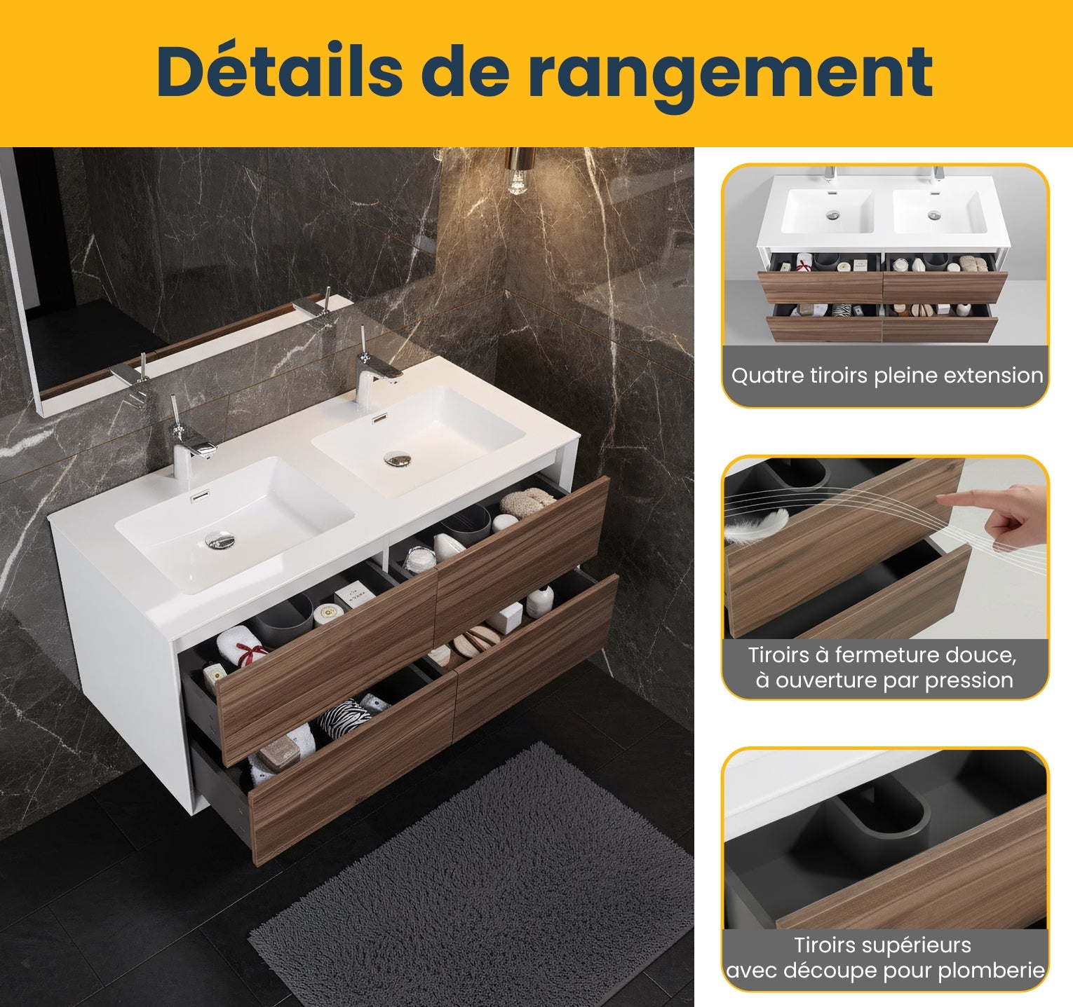 48" Walnut Wall Mount Double Sink Bathroom Vanity with White Polymarble Countertop-Migration_Bathroom Vanities-DECOROLALA