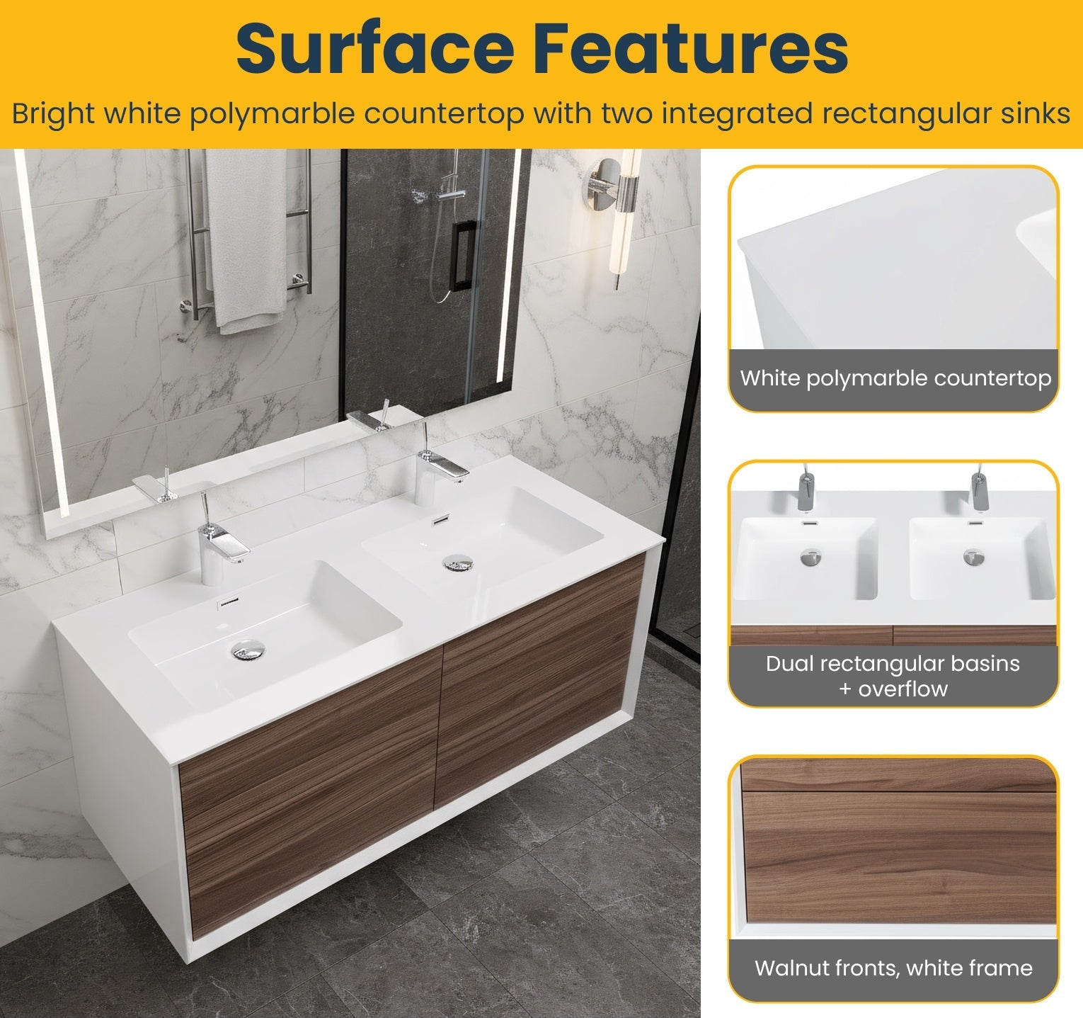 48" Walnut Wall Mount Double Sink Bathroom Vanity with White Polymarble Countertop-Migration_Bathroom Vanities-DECOROLALA