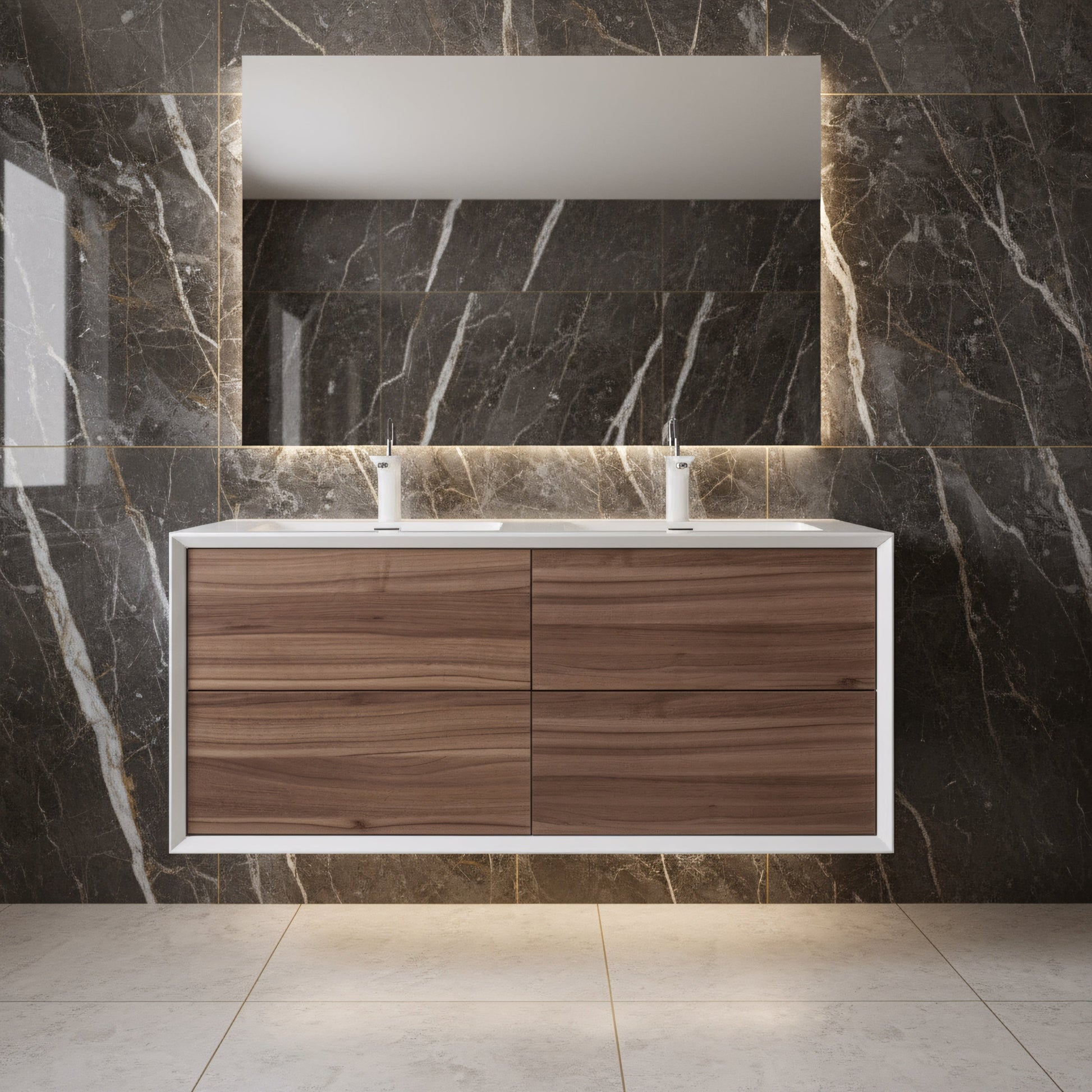 48" Walnut Wall Mount Double Sink Bathroom Vanity with White Polymarble Countertop-Migration_Bathroom Vanities-DECOROLALA