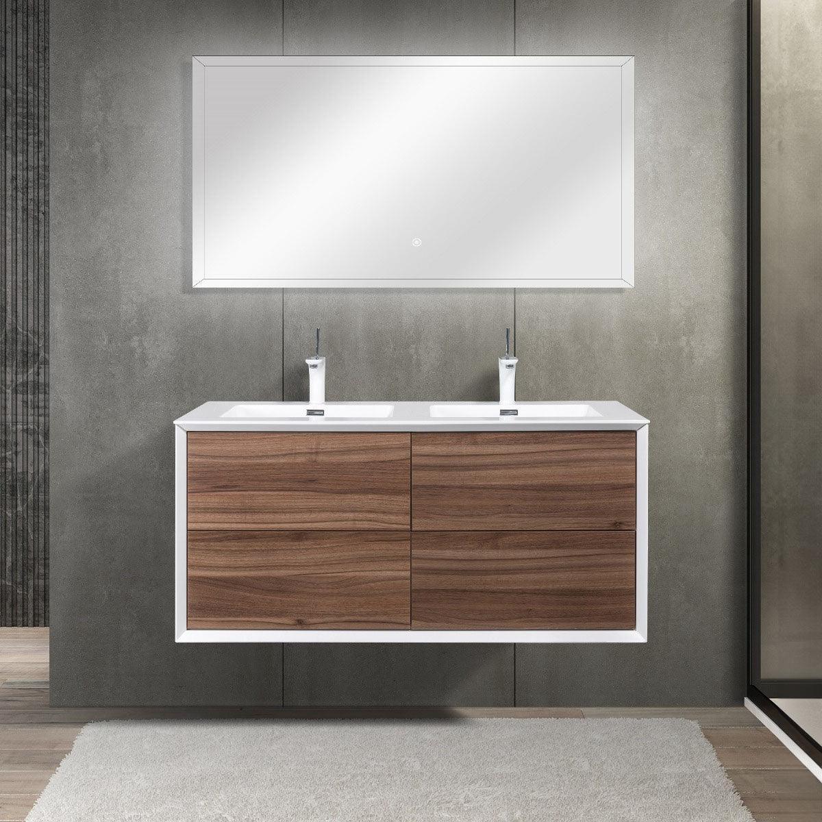 48" Walnut Wall Mount Double Sink Bathroom Vanity with White Polymarble Countertop-Migration_Bathroom Vanities-DECOROLALA