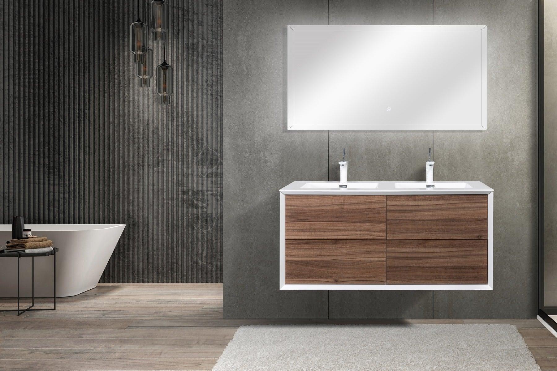 48" Walnut Wall Mount Double Sink Bathroom Vanity with White Polymarble Countertop-Migration_Bathroom Vanities-DECOROLALA