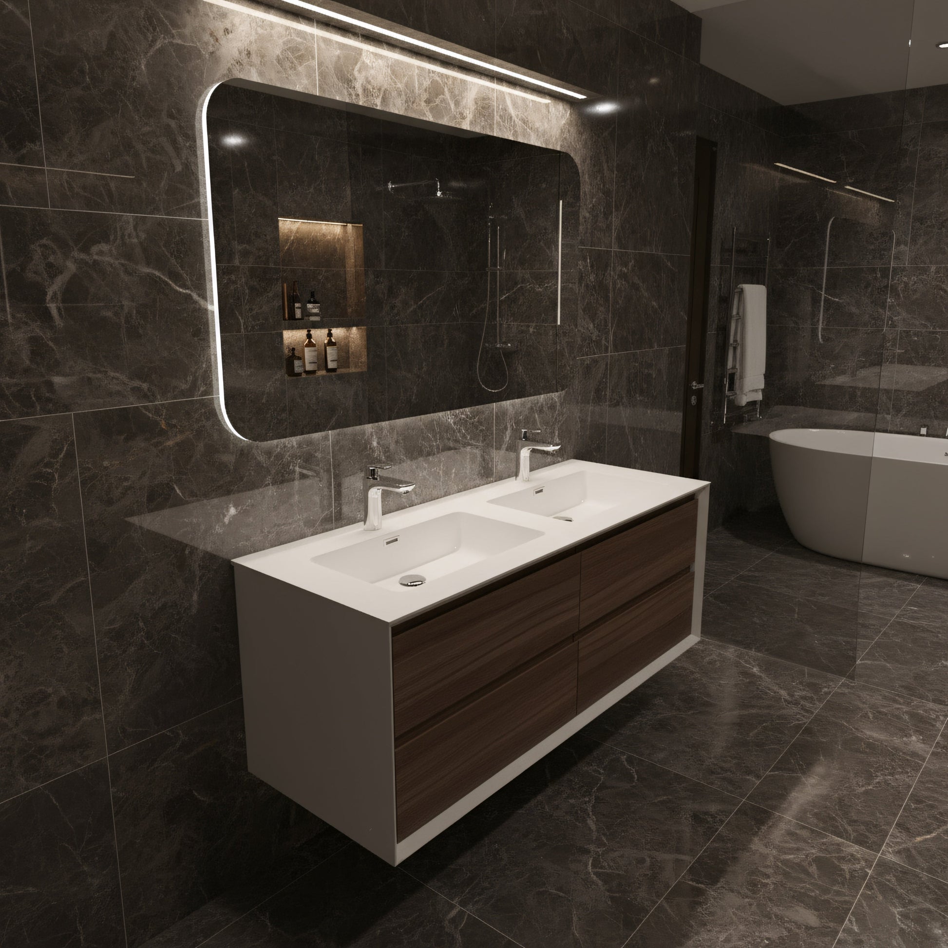 48" Walnut Wall Mount Double Sink Bathroom Vanity with White Polymarble Countertop-Migration_Bathroom Vanities-DECOROLALA