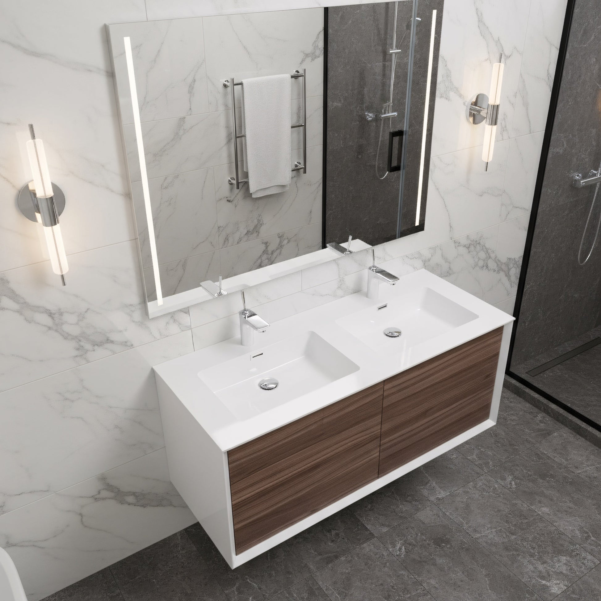 48" Walnut Wall Mount Double Sink Bathroom Vanity with White Polymarble Countertop-Migration_Bathroom Vanities-DECOROLALA