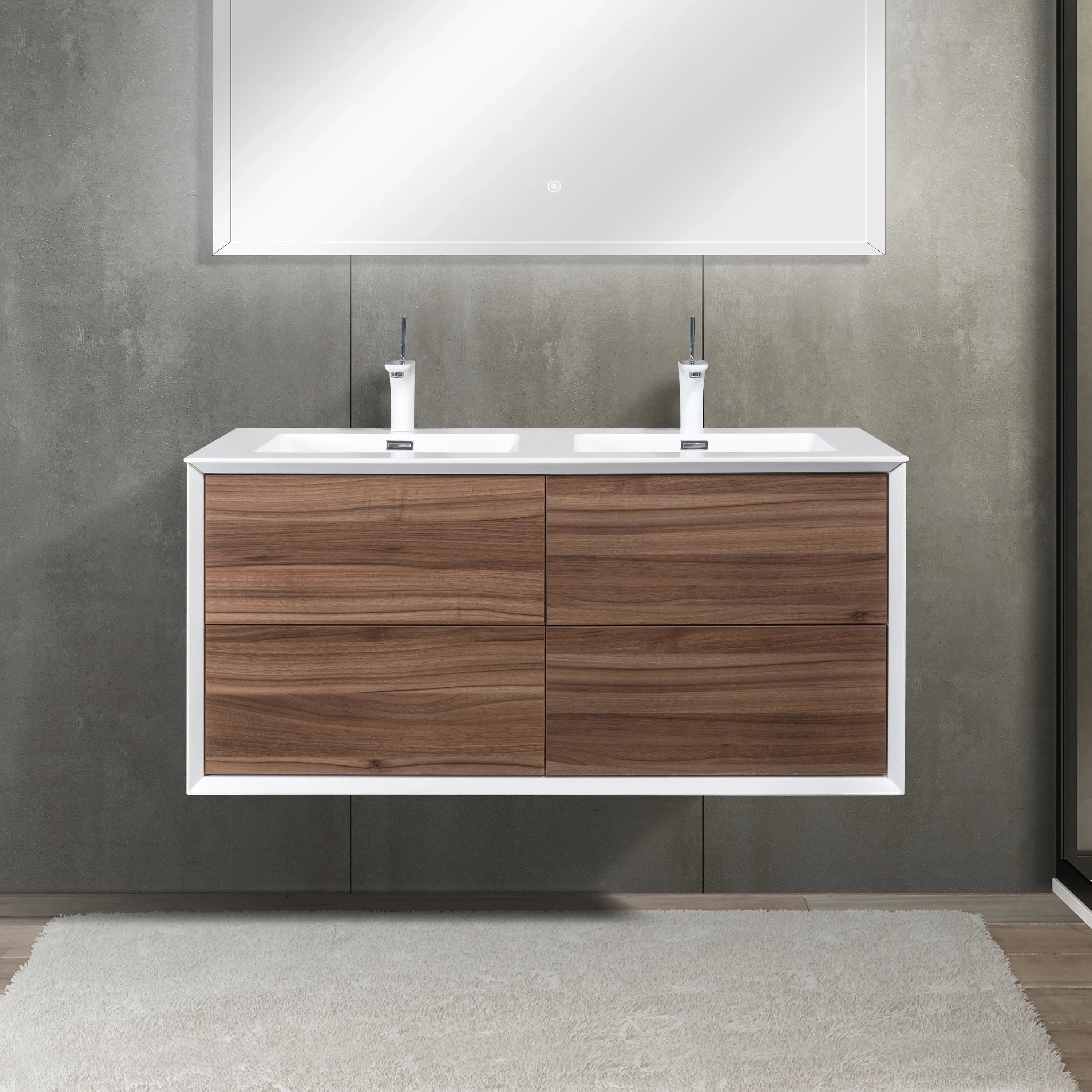 48" Walnut Wall Mount Double Sink Bathroom Vanity with White Polymarble Countertop-Migration_Bathroom Vanities-DECOROLALA