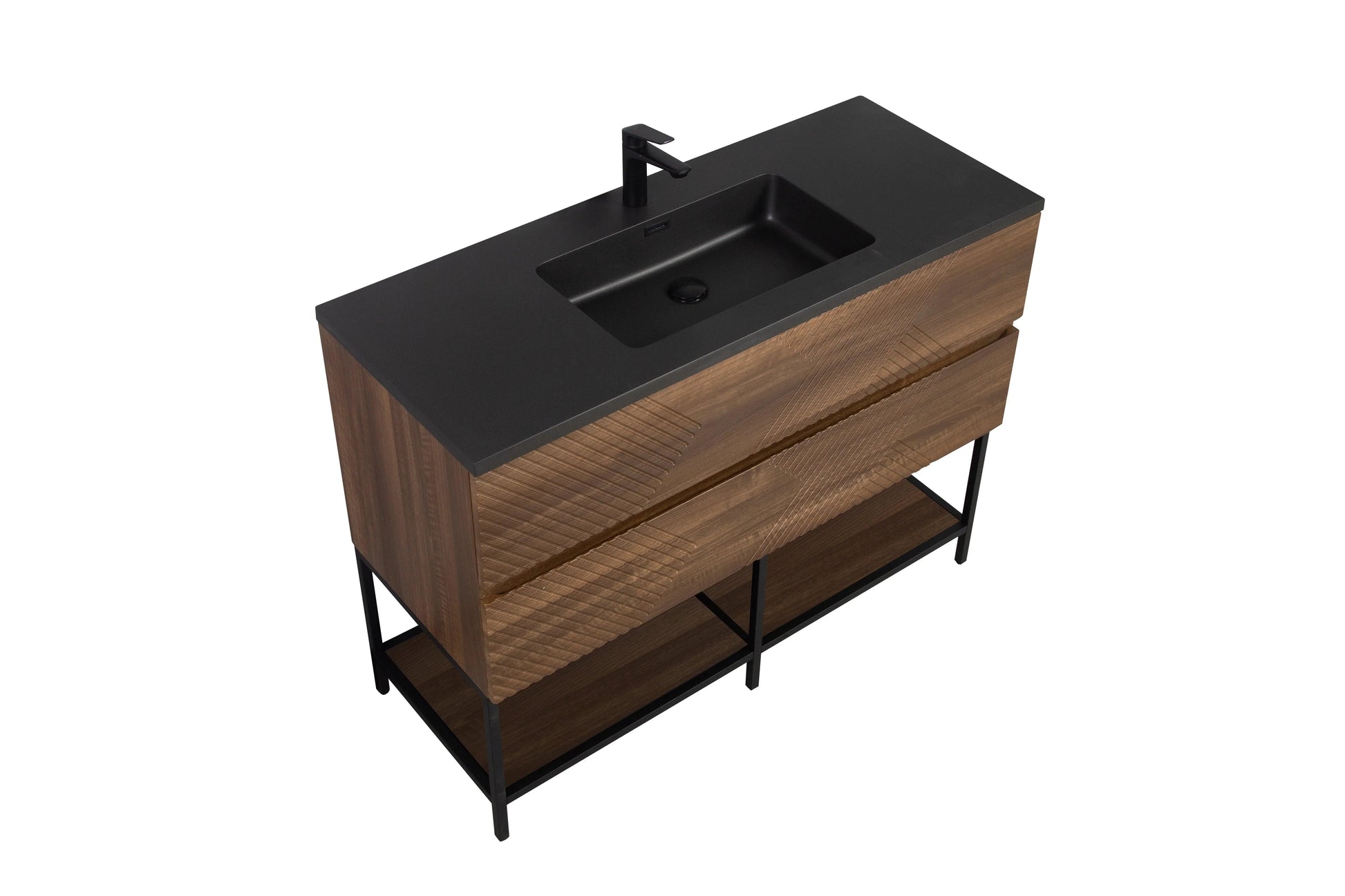 48" Walnut Wall Mount Single Sink Bathroom Vanity with Black Engineered Quartz Countertop-Migration_Bathroom Vanities-DECOROLALA