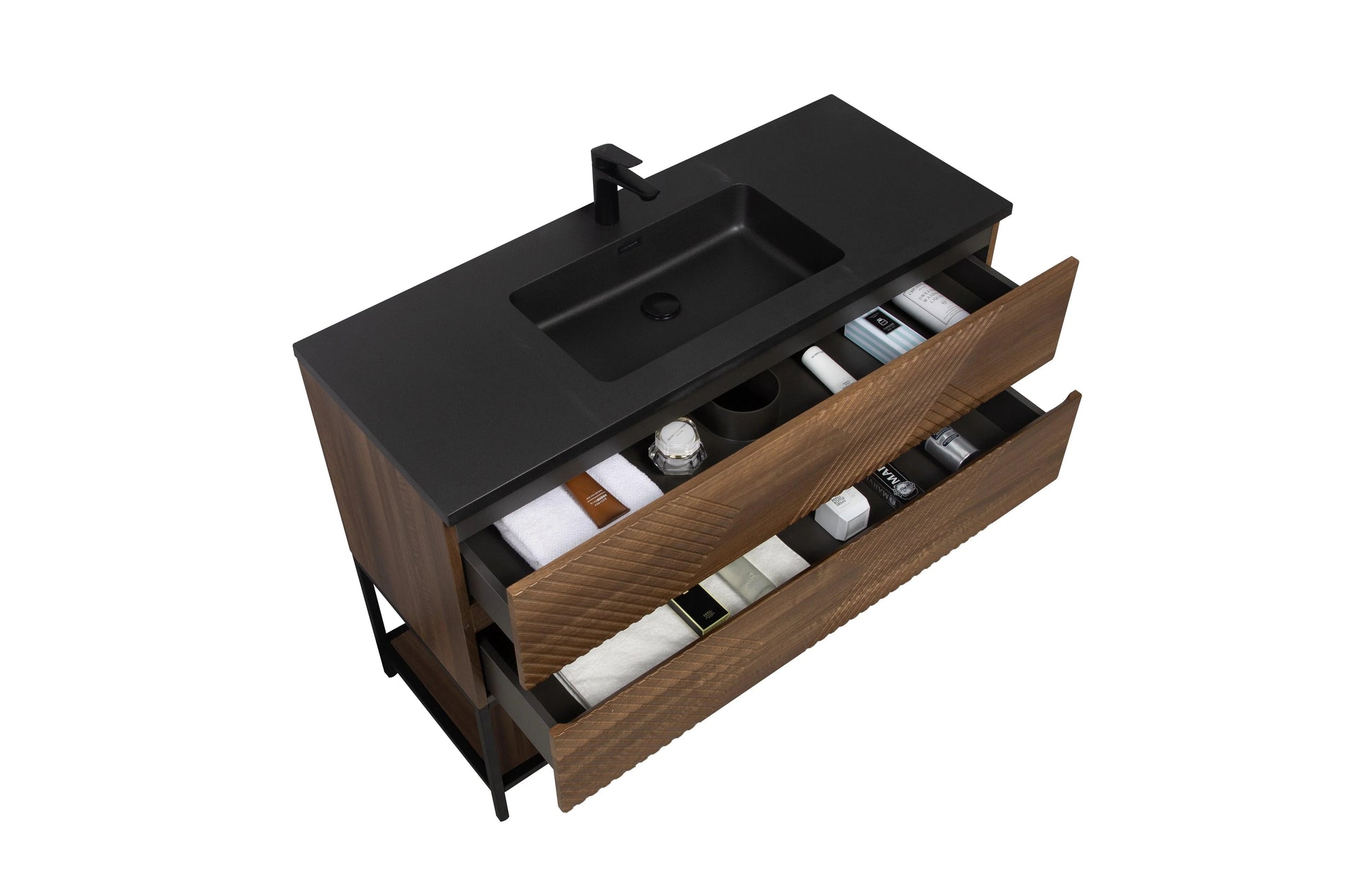 48" Walnut Wall Mount Single Sink Bathroom Vanity with Black Engineered Quartz Countertop-Migration_Bathroom Vanities-DECOROLALA