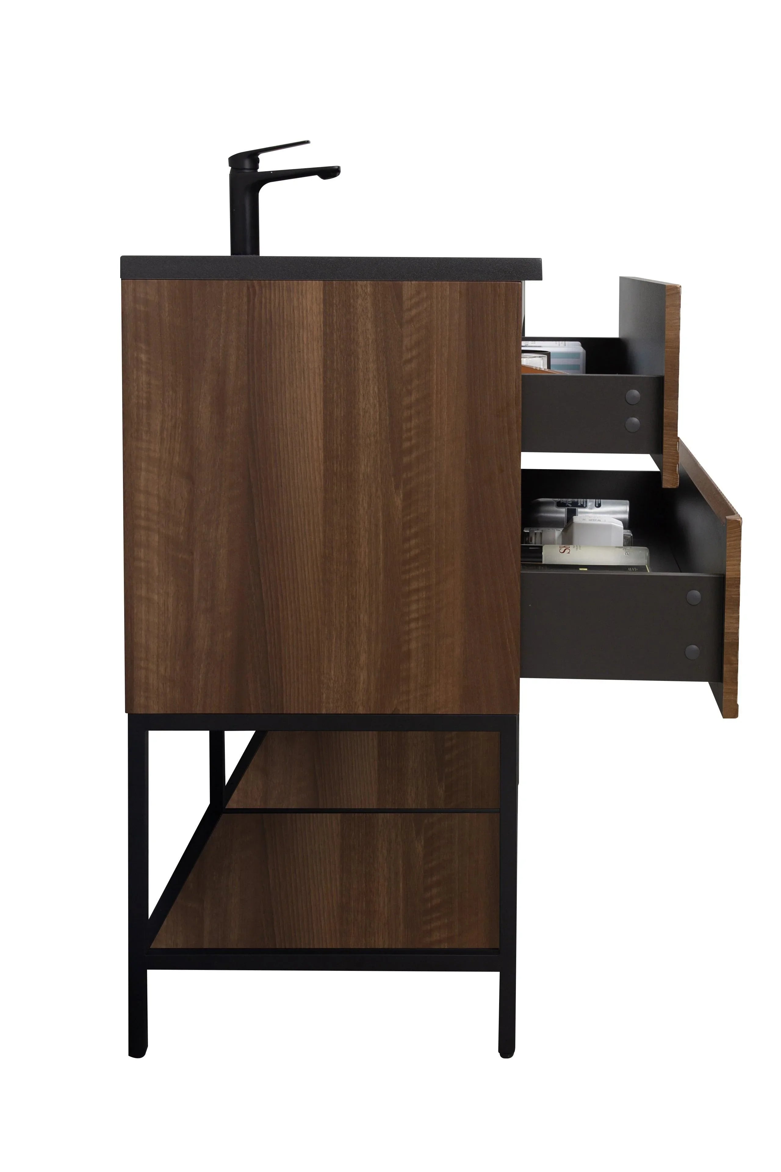 48" Walnut Wall Mount Single Sink Bathroom Vanity with Black Engineered Quartz Countertop-Migration_Bathroom Vanities-DECOROLALA