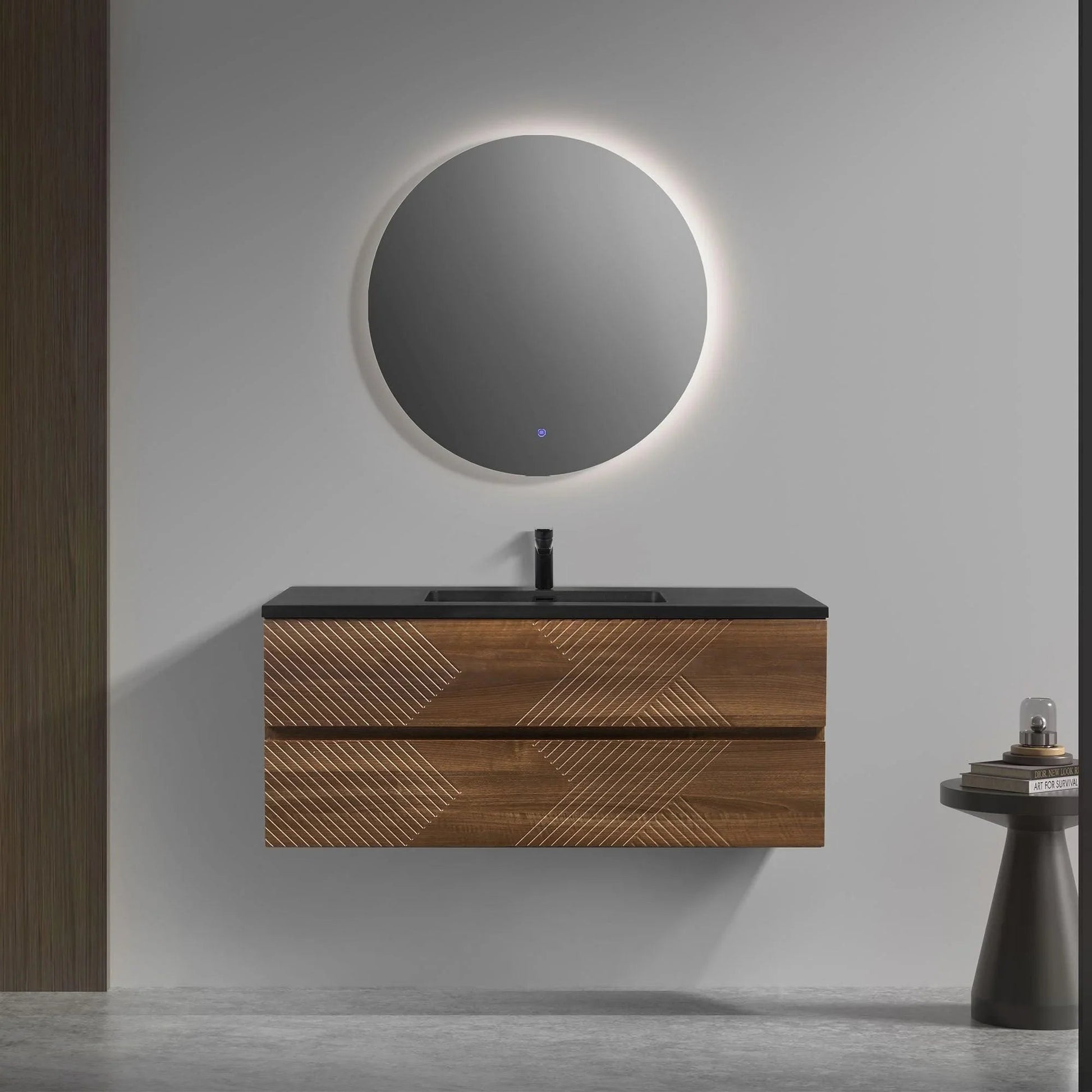 48" Walnut Wall Mount Single Sink Bathroom Vanity with Black Engineered Quartz Countertop-Migration_Bathroom Vanities-DECOROLALA