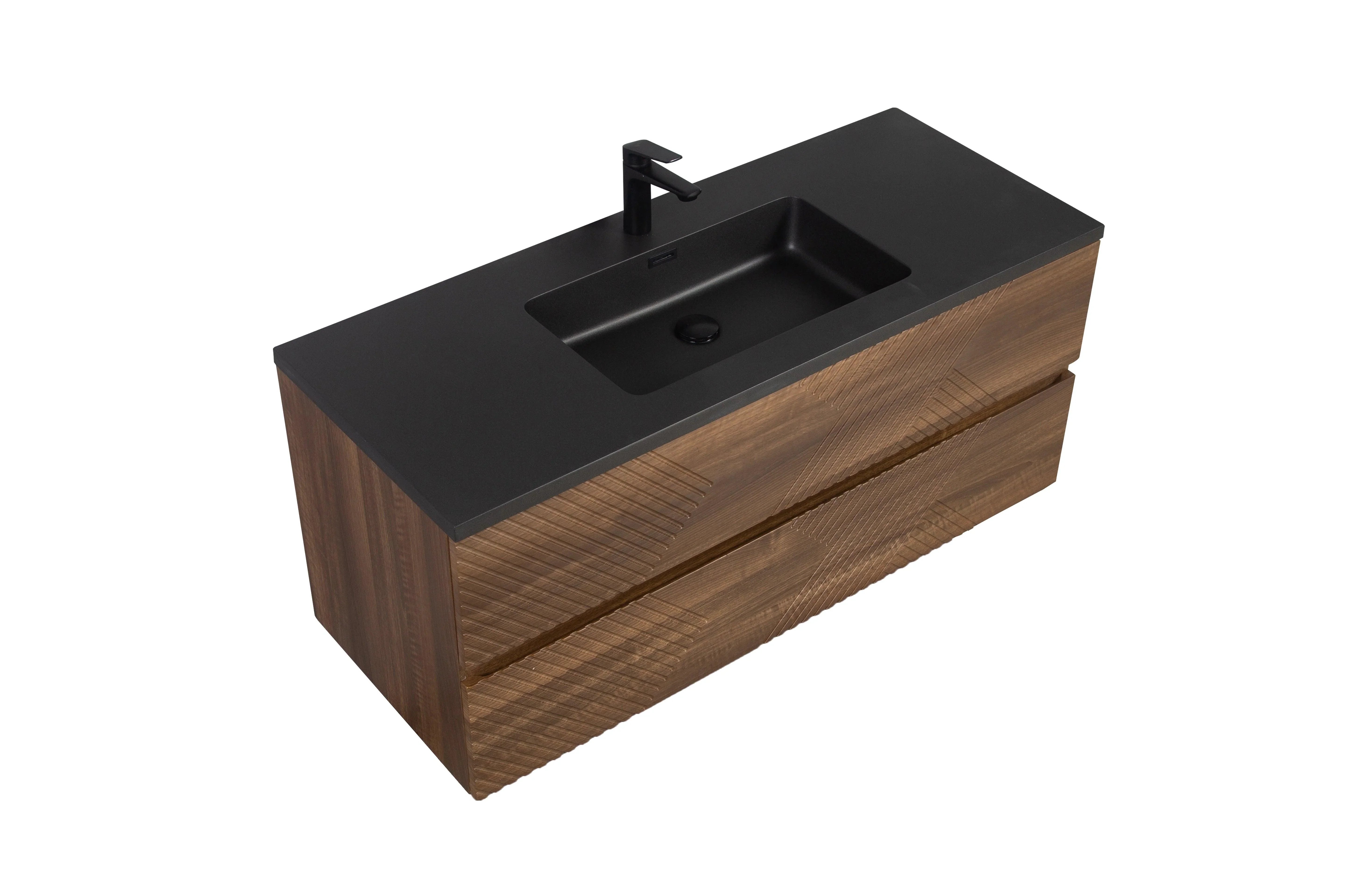 48" Walnut Wall Mount Single Sink Bathroom Vanity with Black Engineered Quartz Countertop-Migration_Bathroom Vanities-DECOROLALA