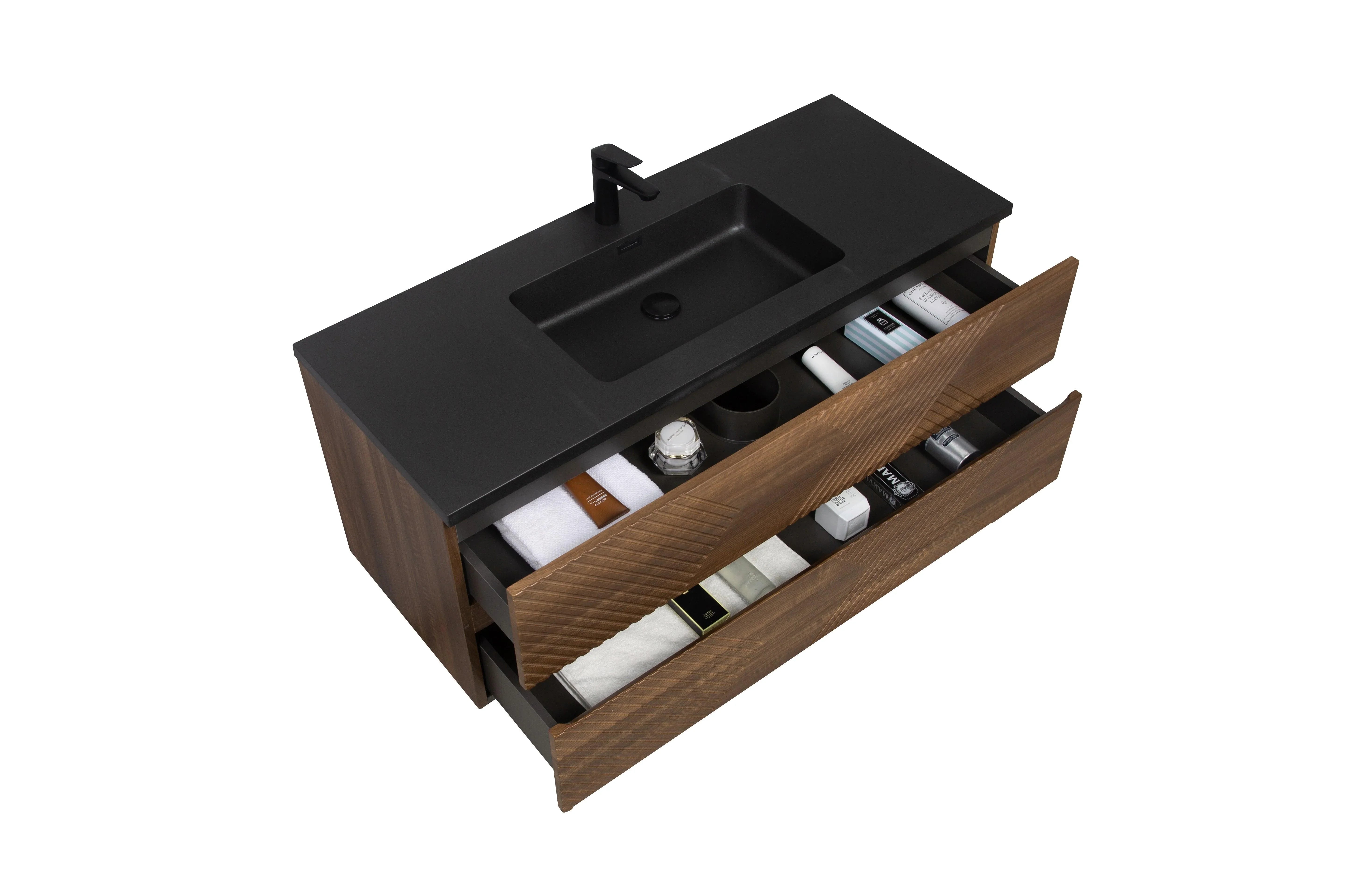 48" Walnut Wall Mount Single Sink Bathroom Vanity with Black Engineered Quartz Countertop-Migration_Bathroom Vanities-DECOROLALA