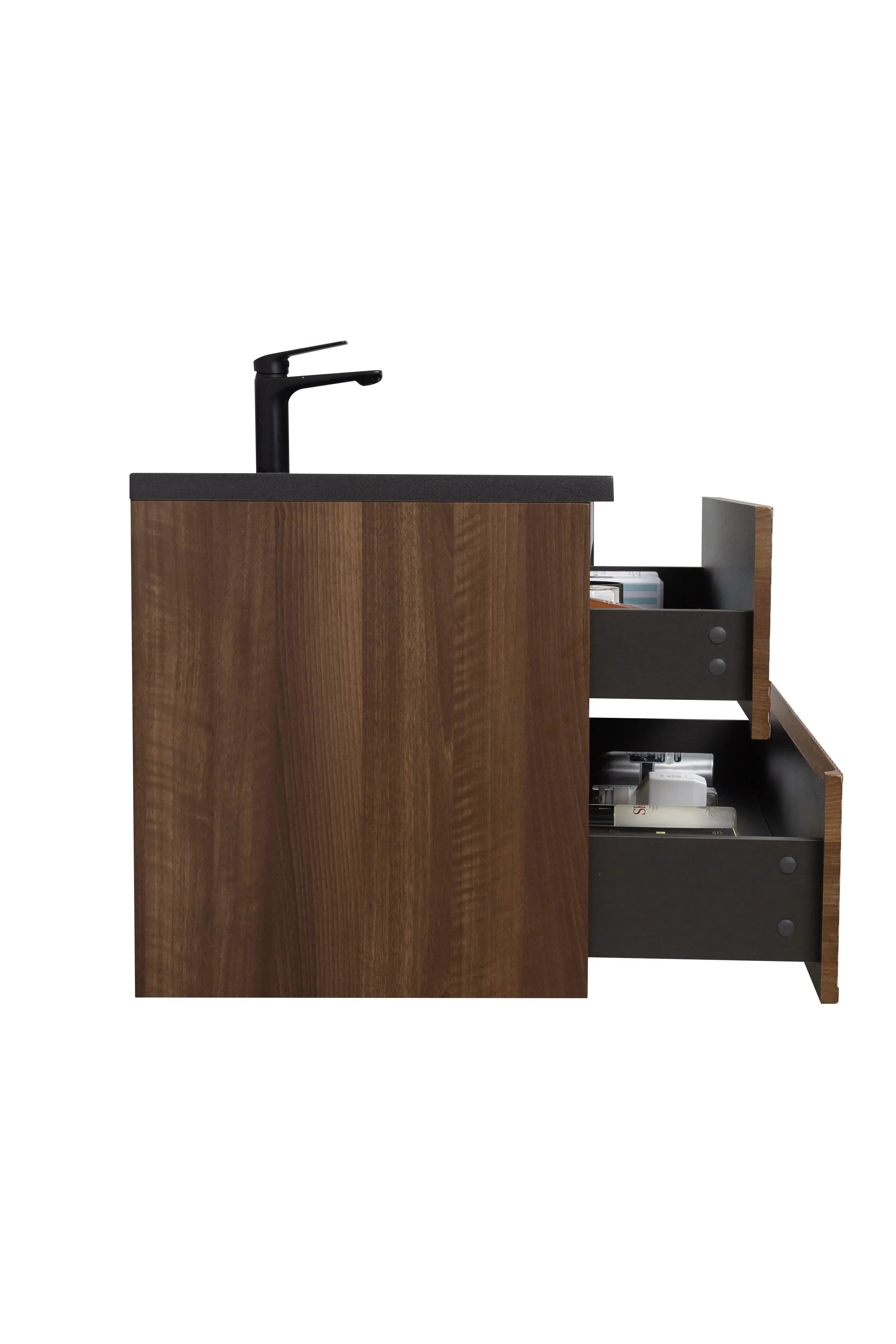 48" Walnut Wall Mount Single Sink Bathroom Vanity with Black Engineered Quartz Countertop-Migration_Bathroom Vanities-DECOROLALA