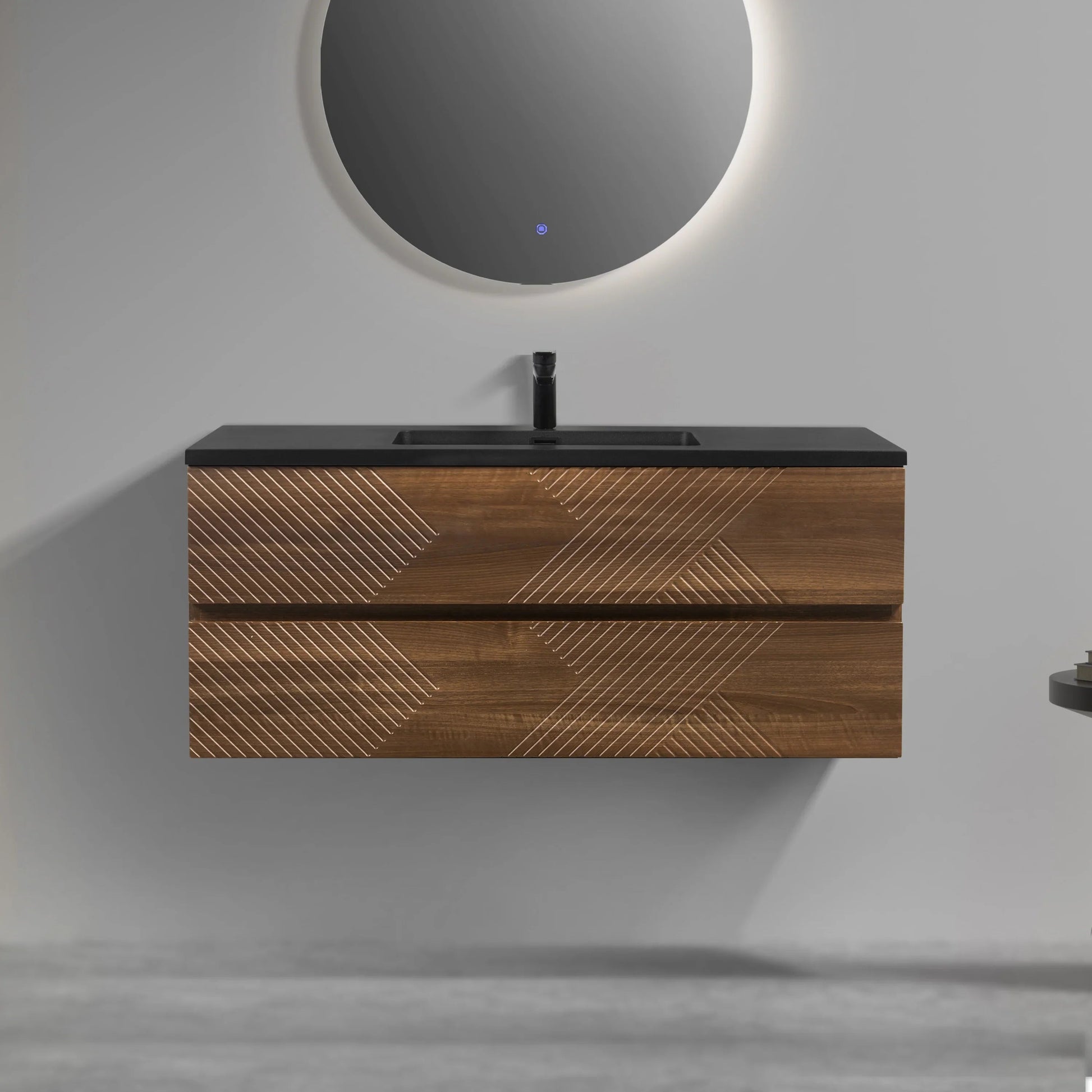 48" Walnut Wall Mount Single Sink Bathroom Vanity with Black Engineered Quartz Countertop-Migration_Bathroom Vanities-DECOROLALA