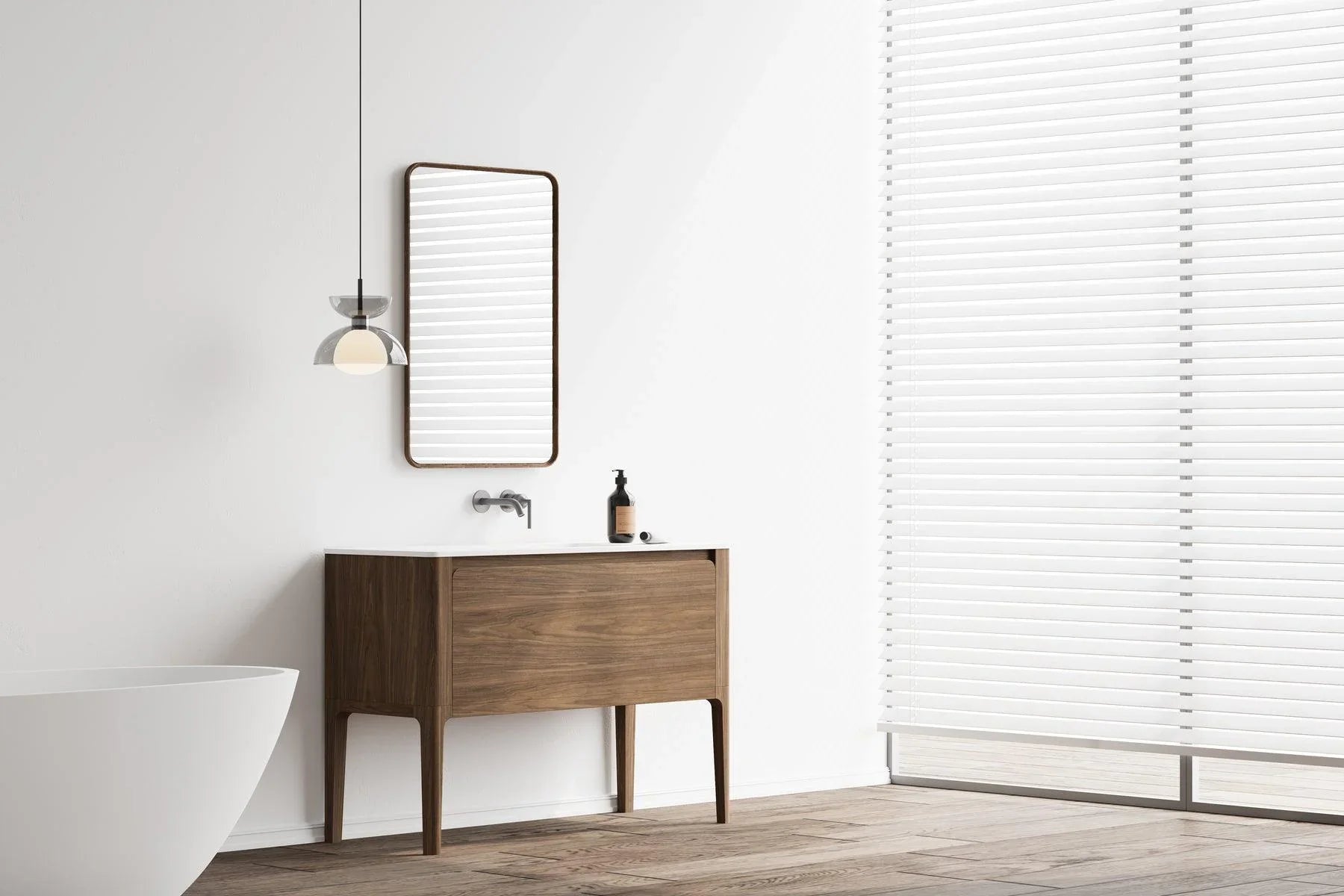 48" Walnut Wall Mount Single Sink Bathroom Vanity with Matte White Solid Surface Countertop-Migration_Bathroom Vanities-DECOROLALA