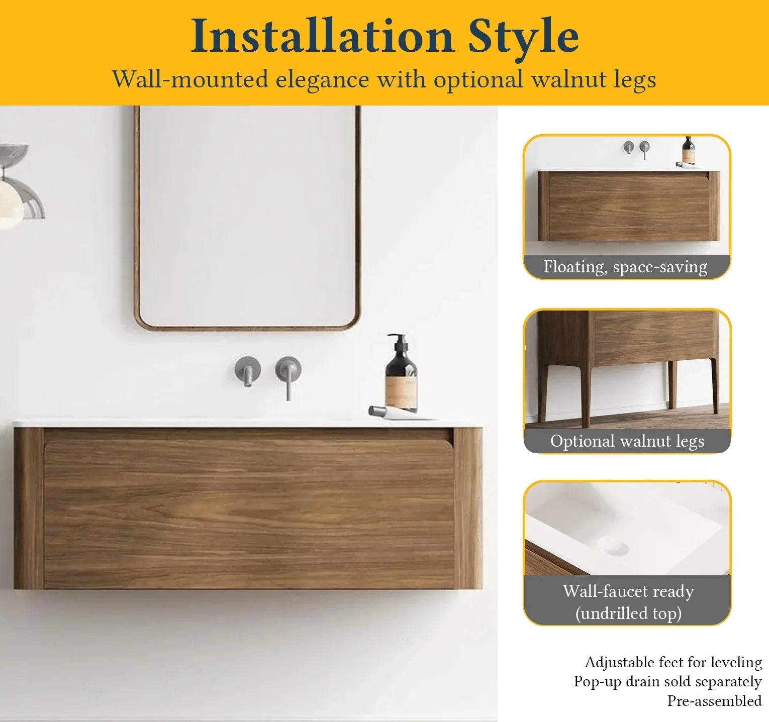 48" Walnut Wall Mount Single Sink Bathroom Vanity with Matte White Solid Surface Countertop-Migration_Bathroom Vanities-DECOROLALA