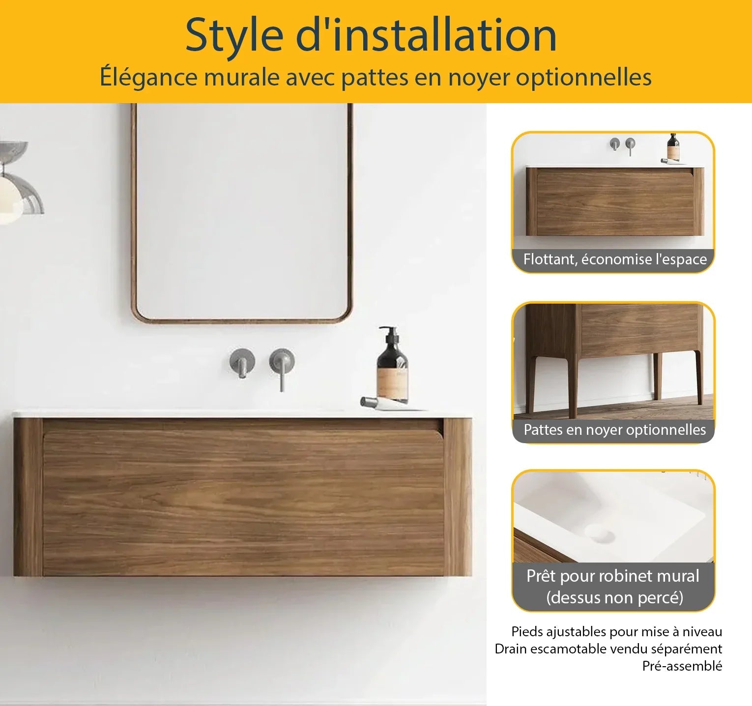 48" Walnut Wall Mount Single Sink Bathroom Vanity with Matte White Solid Surface Countertop-Migration_Bathroom Vanities-DECOROLALA