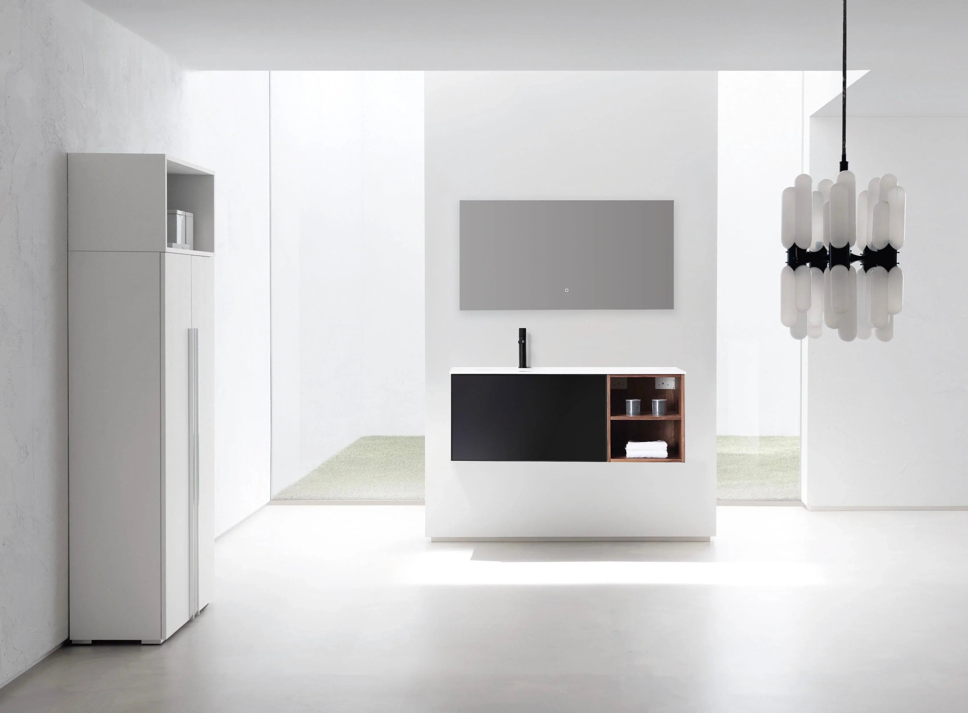 48" Walnut Wall Mount Single Sink Bathroom Vanity with Matte White Solid Surface Countertop-Migration_Bathroom Vanities-DECOROLALA