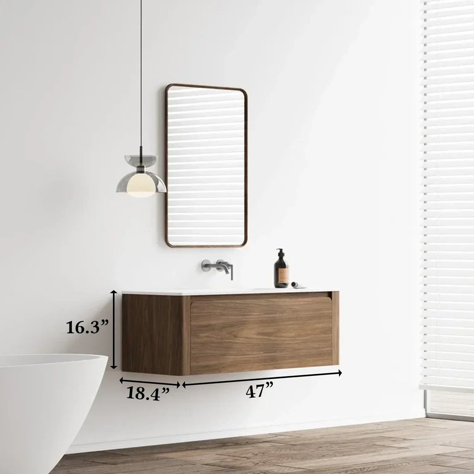 48" Walnut Wall Mount Single Sink Bathroom Vanity with Matte White Solid Surface Countertop-Migration_Bathroom Vanities-DECOROLALA