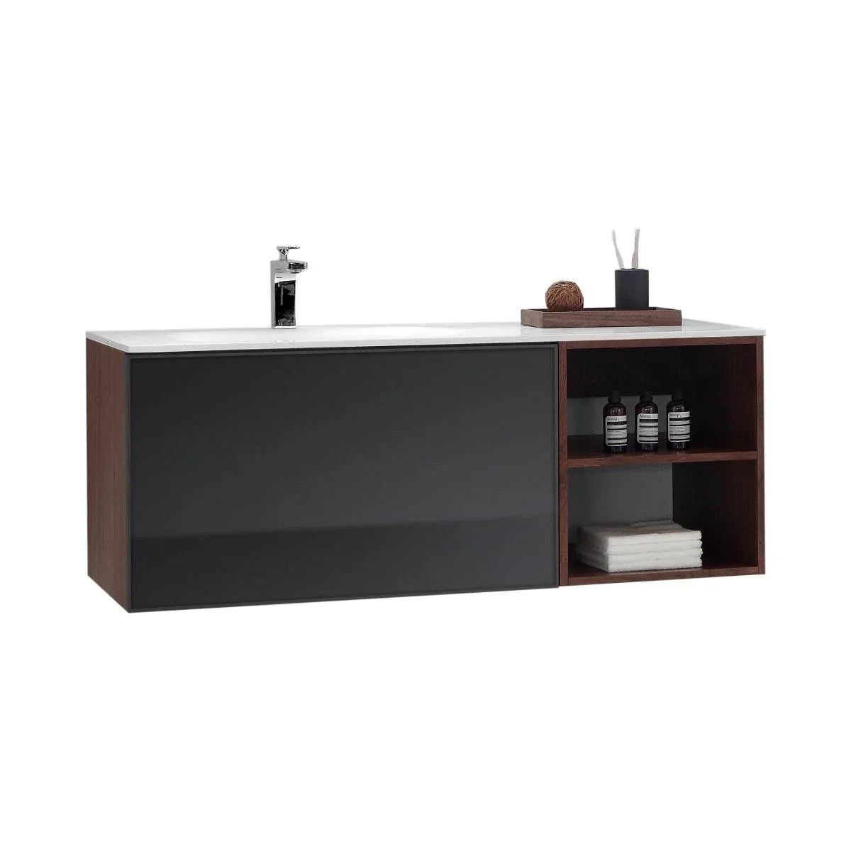 48" Walnut Wall Mount Single Sink Bathroom Vanity with Matte White Solid Surface Countertop-Migration_Bathroom Vanities-DECOROLALA
