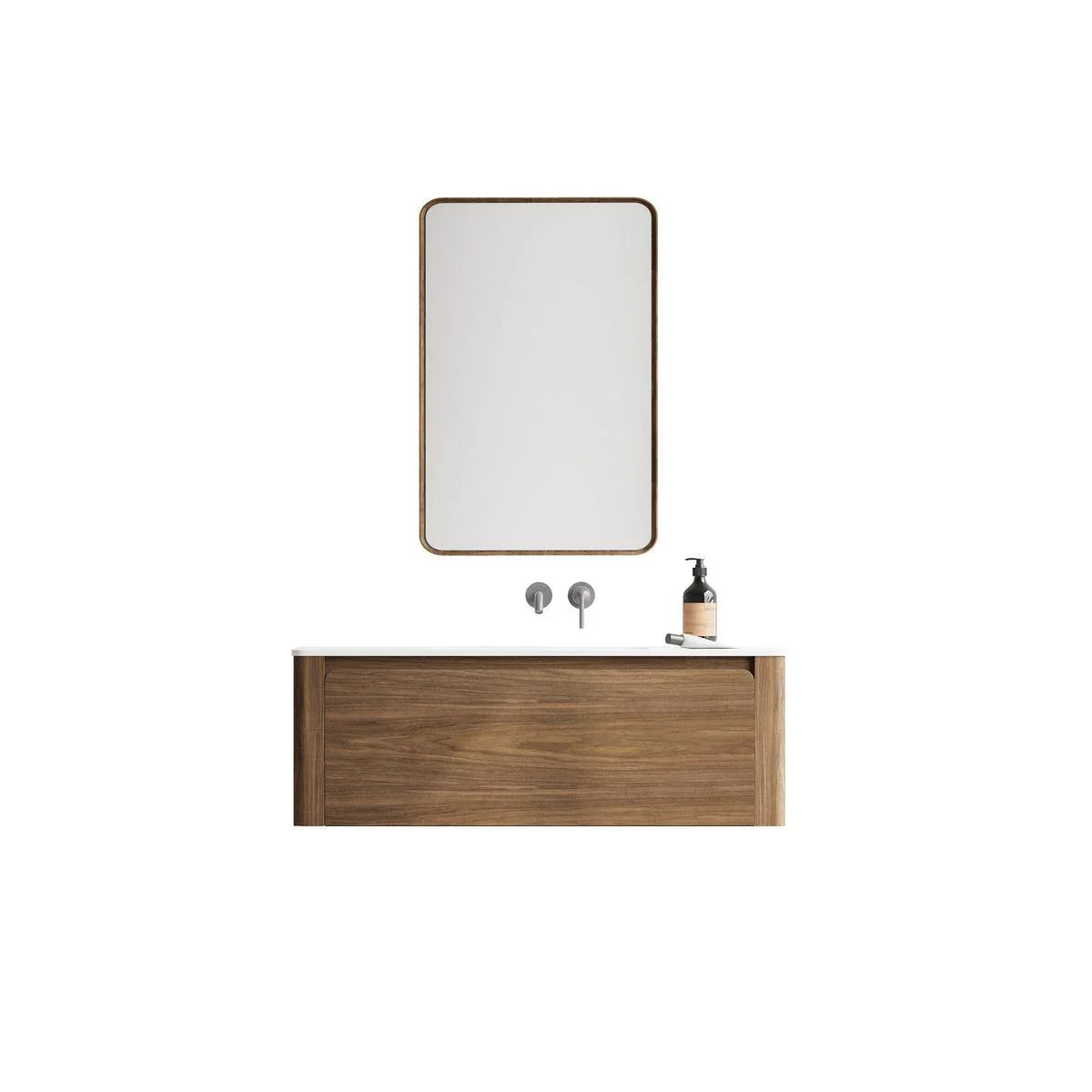 48" Walnut Wall Mount Single Sink Bathroom Vanity with Matte White Solid Surface Countertop-Migration_Bathroom Vanities-DECOROLALA