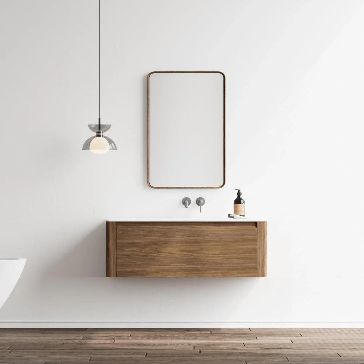 48" Walnut Wall Mount Single Sink Bathroom Vanity with Matte White Solid Surface Countertop-Migration_Bathroom Vanities-DECOROLALA