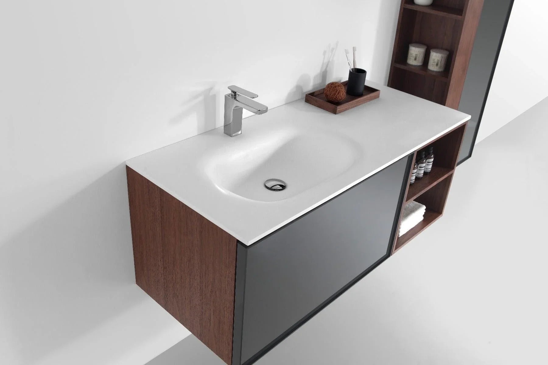48" Walnut Wall Mount Single Sink Bathroom Vanity with Matte White Solid Surface Countertop-Migration_Bathroom Vanities-DECOROLALA