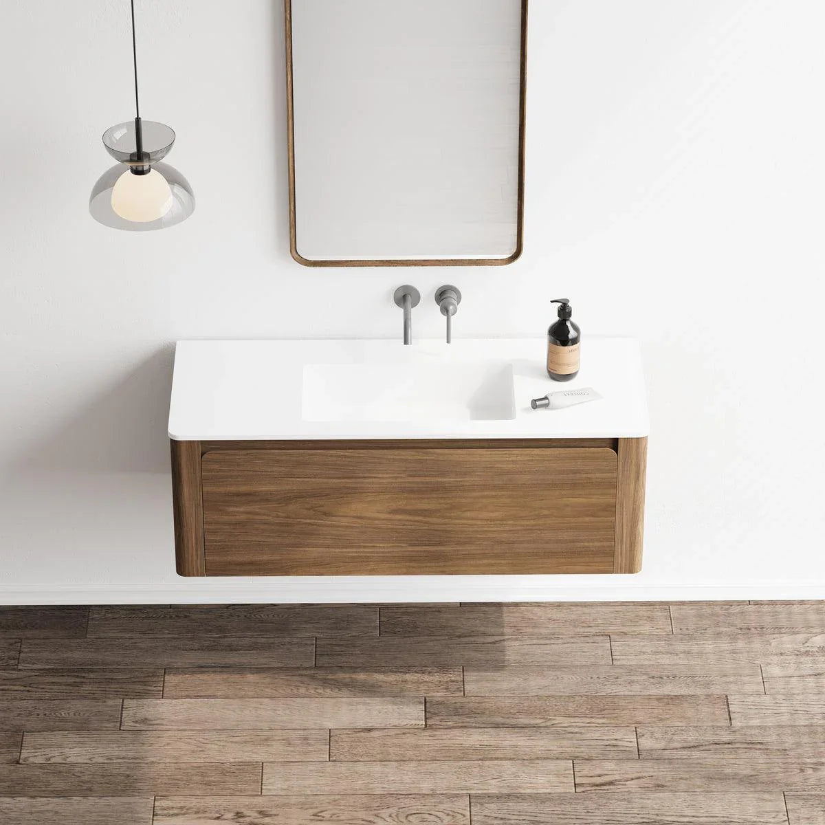 48" Walnut Wall Mount Single Sink Bathroom Vanity with Matte White Solid Surface Countertop-Migration_Bathroom Vanities-DECOROLALA