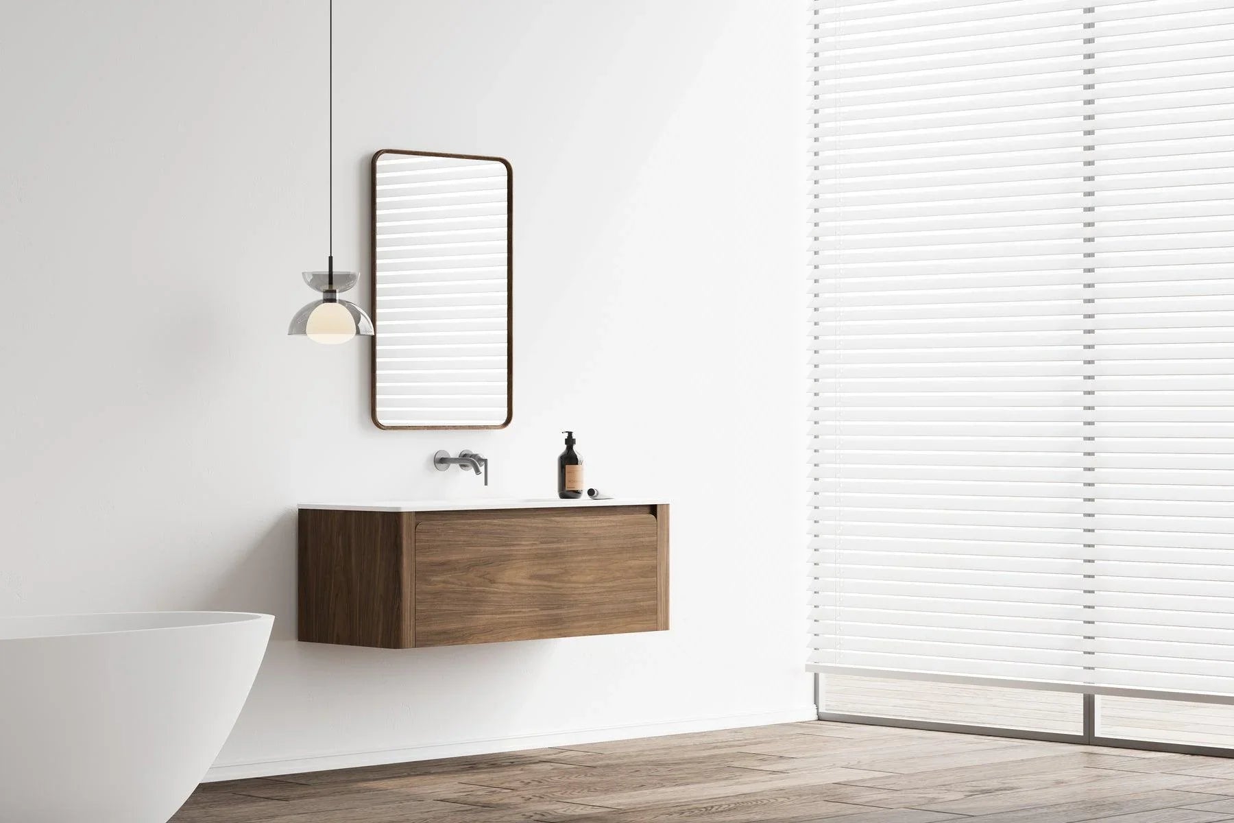 48" Walnut Wall Mount Single Sink Bathroom Vanity with Matte White Solid Surface Countertop-Migration_Bathroom Vanities-DECOROLALA