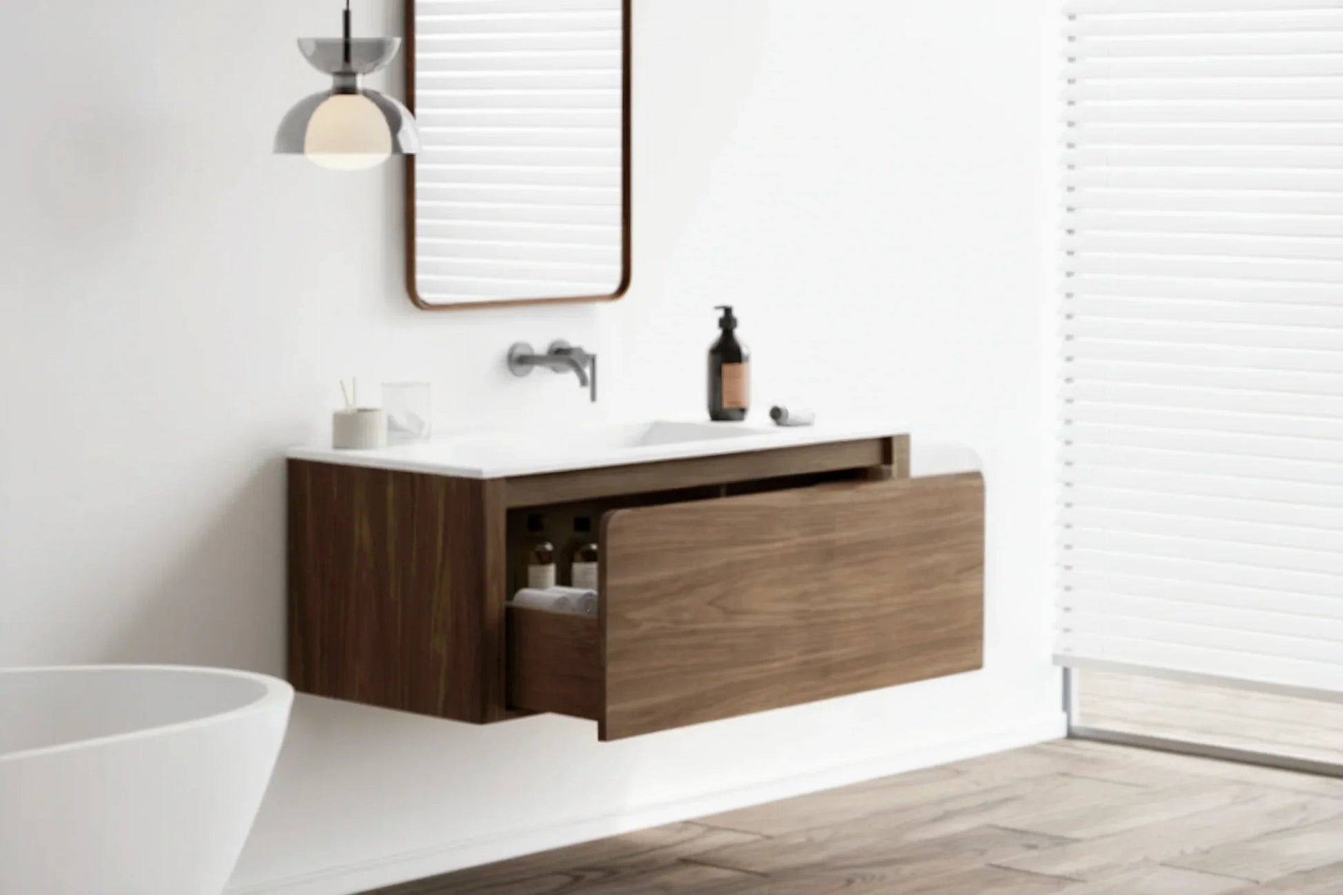 48" Walnut Wall Mount Single Sink Bathroom Vanity with Matte White Solid Surface Countertop-Migration_Bathroom Vanities-DECOROLALA