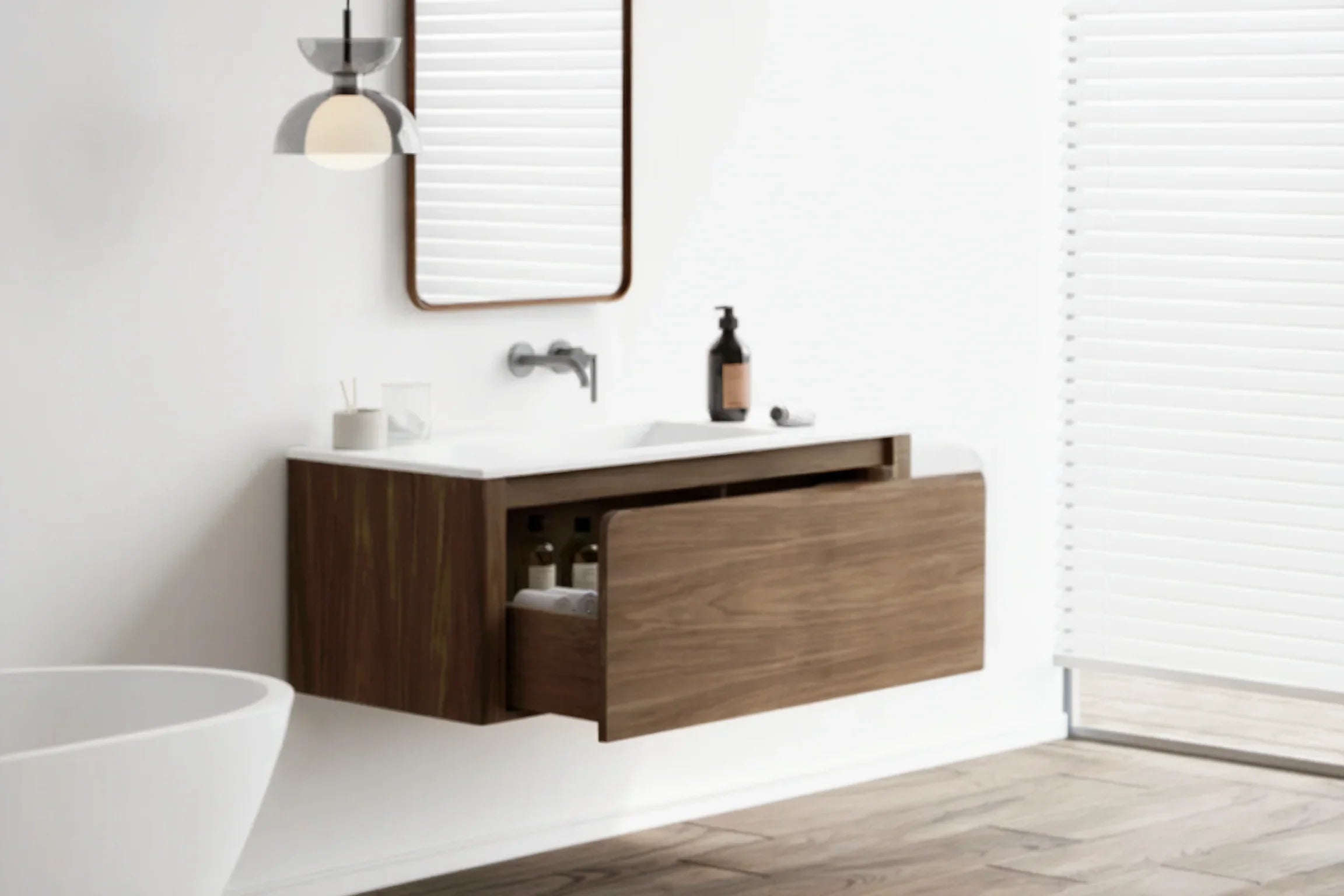 48" Walnut Wall Mount Single Sink Bathroom Vanity with Matte White Solid Surface Countertop-Migration_Bathroom Vanities-DECOROLALA