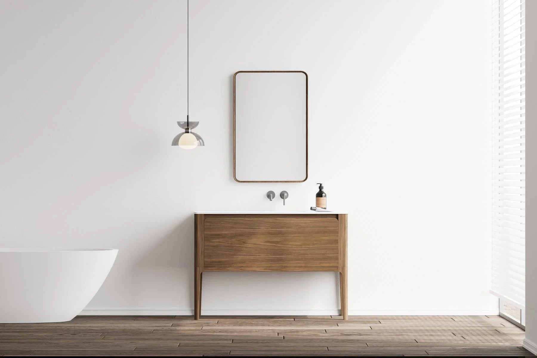 48" Walnut Wall Mount Single Sink Bathroom Vanity with Matte White Solid Surface Countertop-Migration_Bathroom Vanities-DECOROLALA