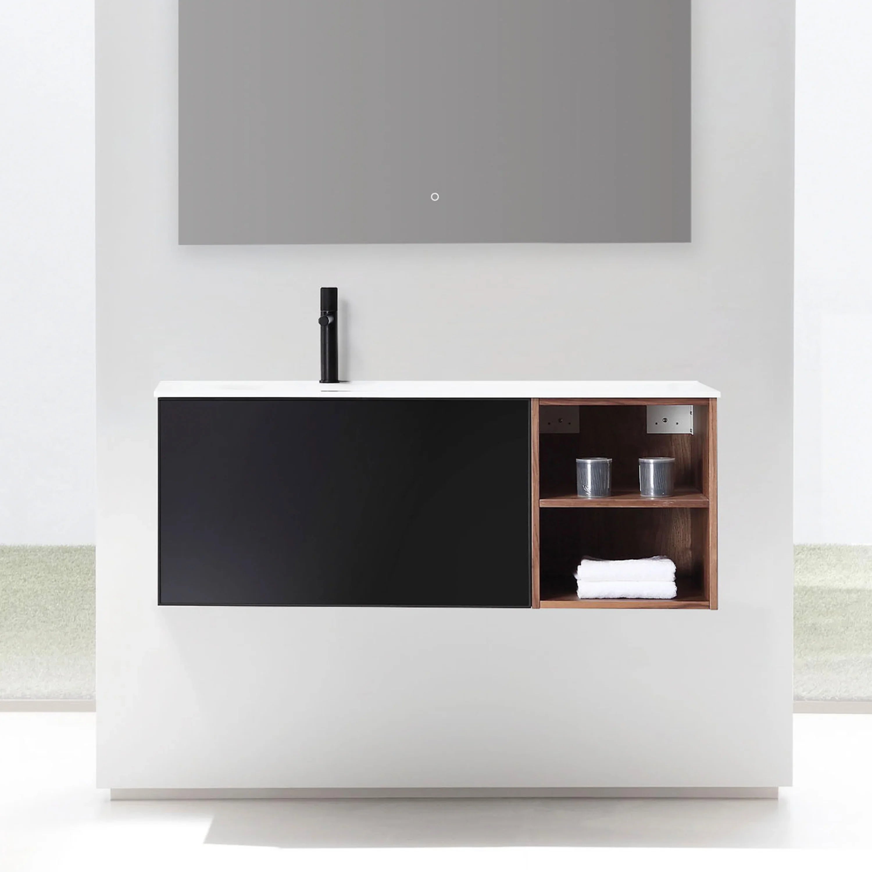 48" Walnut Wall Mount Single Sink Bathroom Vanity with Matte White Solid Surface Countertop-Migration_Bathroom Vanities-DECOROLALA