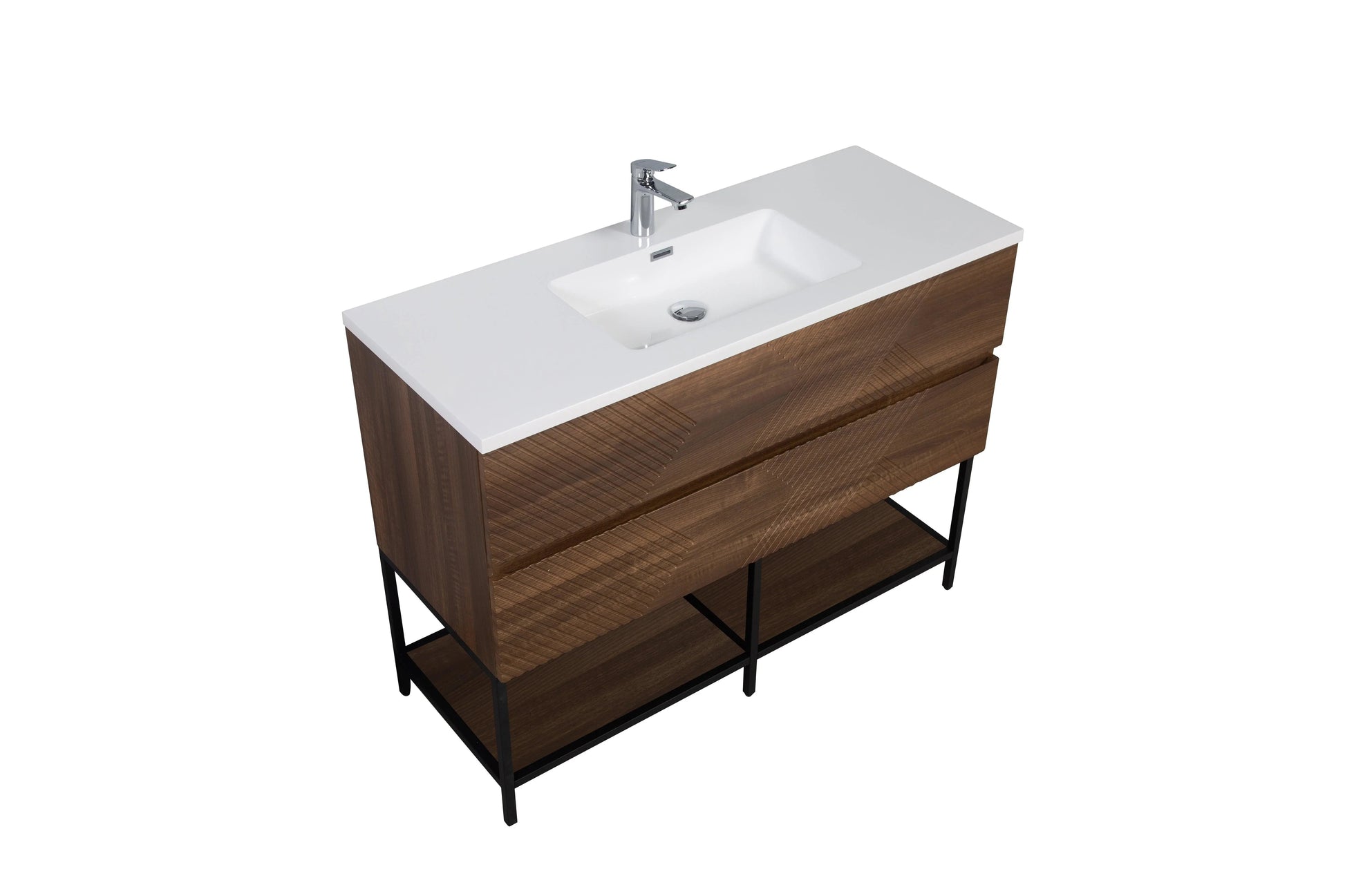 48" Walnut Wall Mount Single Sink Bathroom Vanity with White Polymarble Countertop-Migration_Bathroom Vanities-DECOROLALA