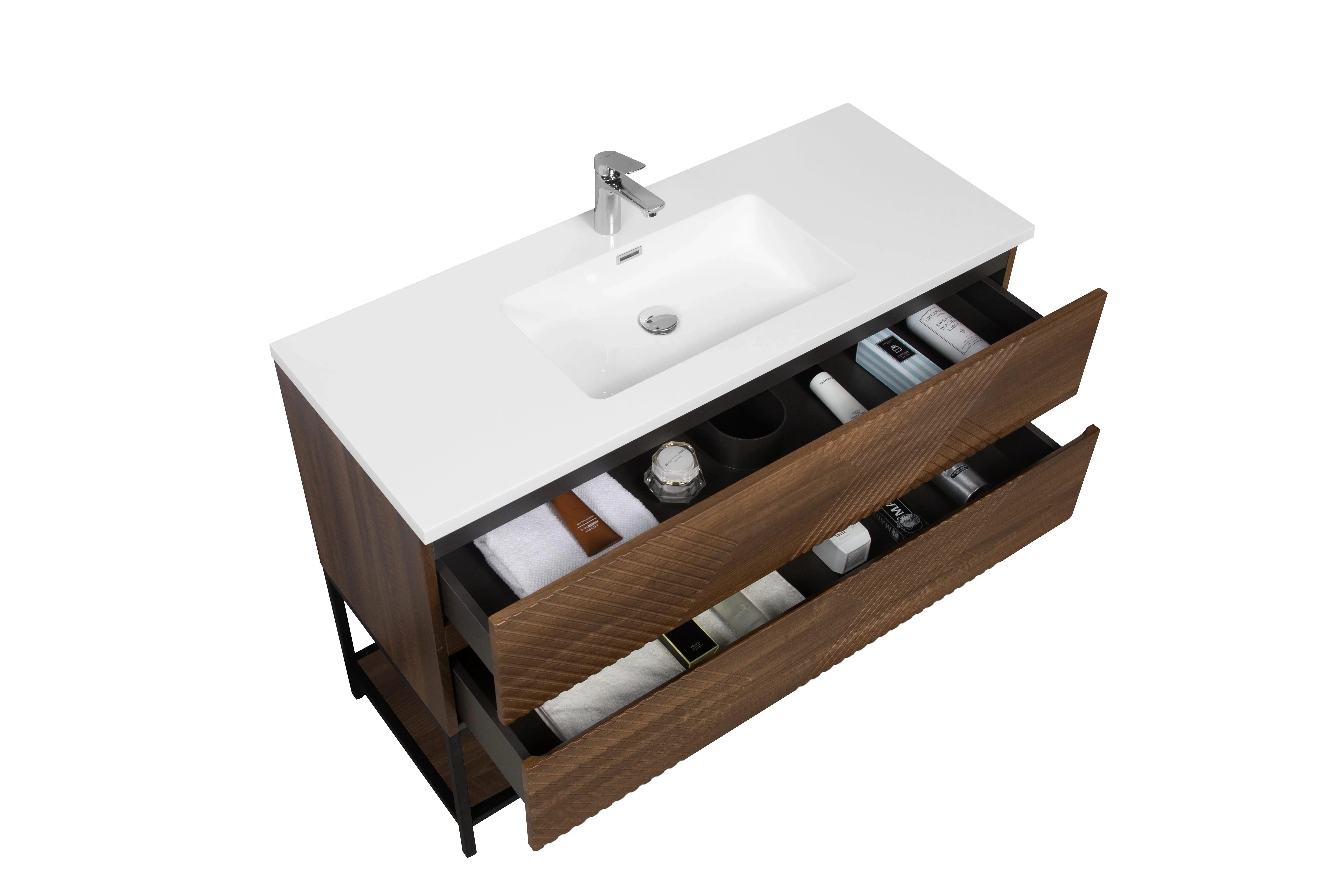 48" Walnut Wall Mount Single Sink Bathroom Vanity with White Polymarble Countertop-Migration_Bathroom Vanities-DECOROLALA
