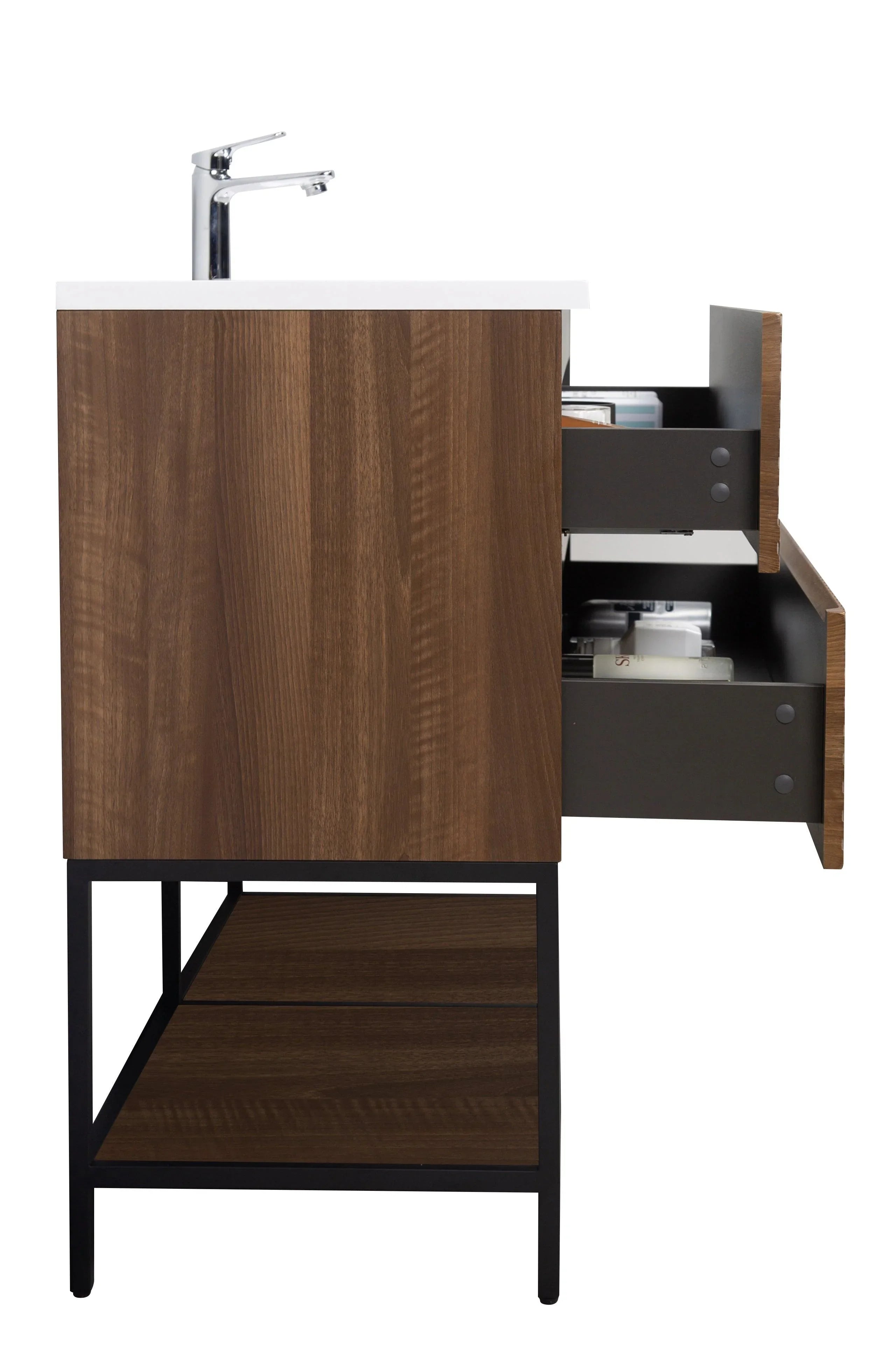 48" Walnut Wall Mount Single Sink Bathroom Vanity with White Polymarble Countertop-Migration_Bathroom Vanities-DECOROLALA