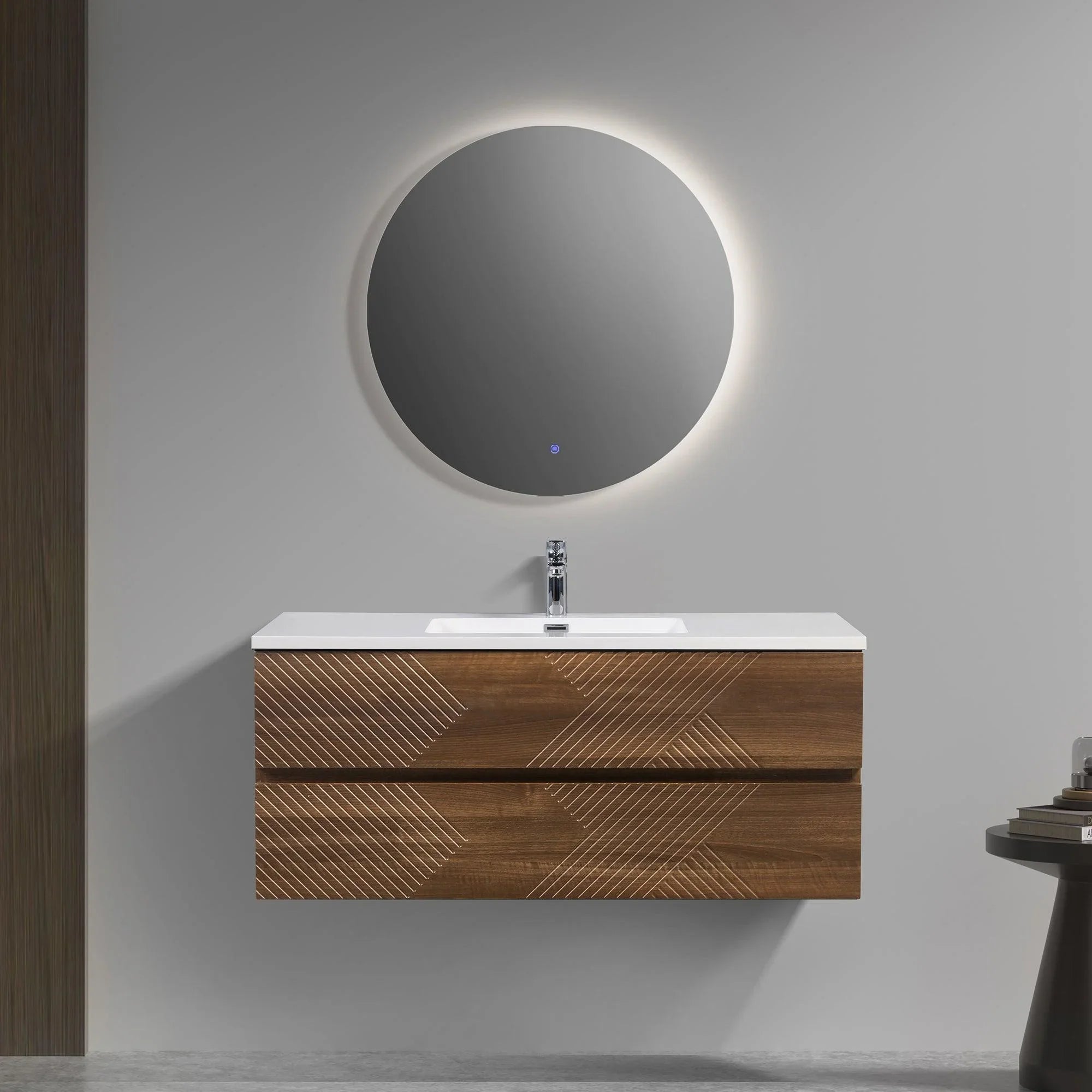 48" Walnut Wall Mount Single Sink Bathroom Vanity with White Polymarble Countertop-Migration_Bathroom Vanities-DECOROLALA