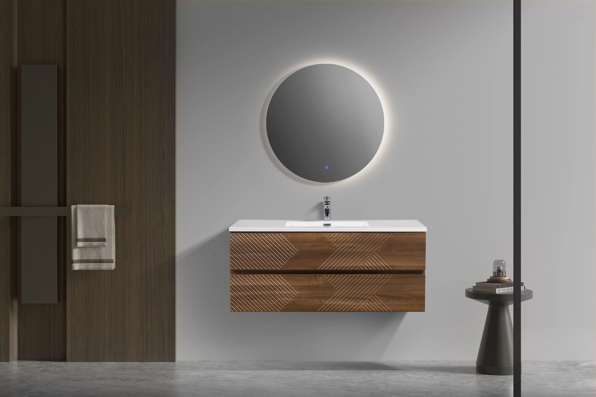 48" Walnut Wall Mount Single Sink Bathroom Vanity with White Polymarble Countertop-Migration_Bathroom Vanities-DECOROLALA